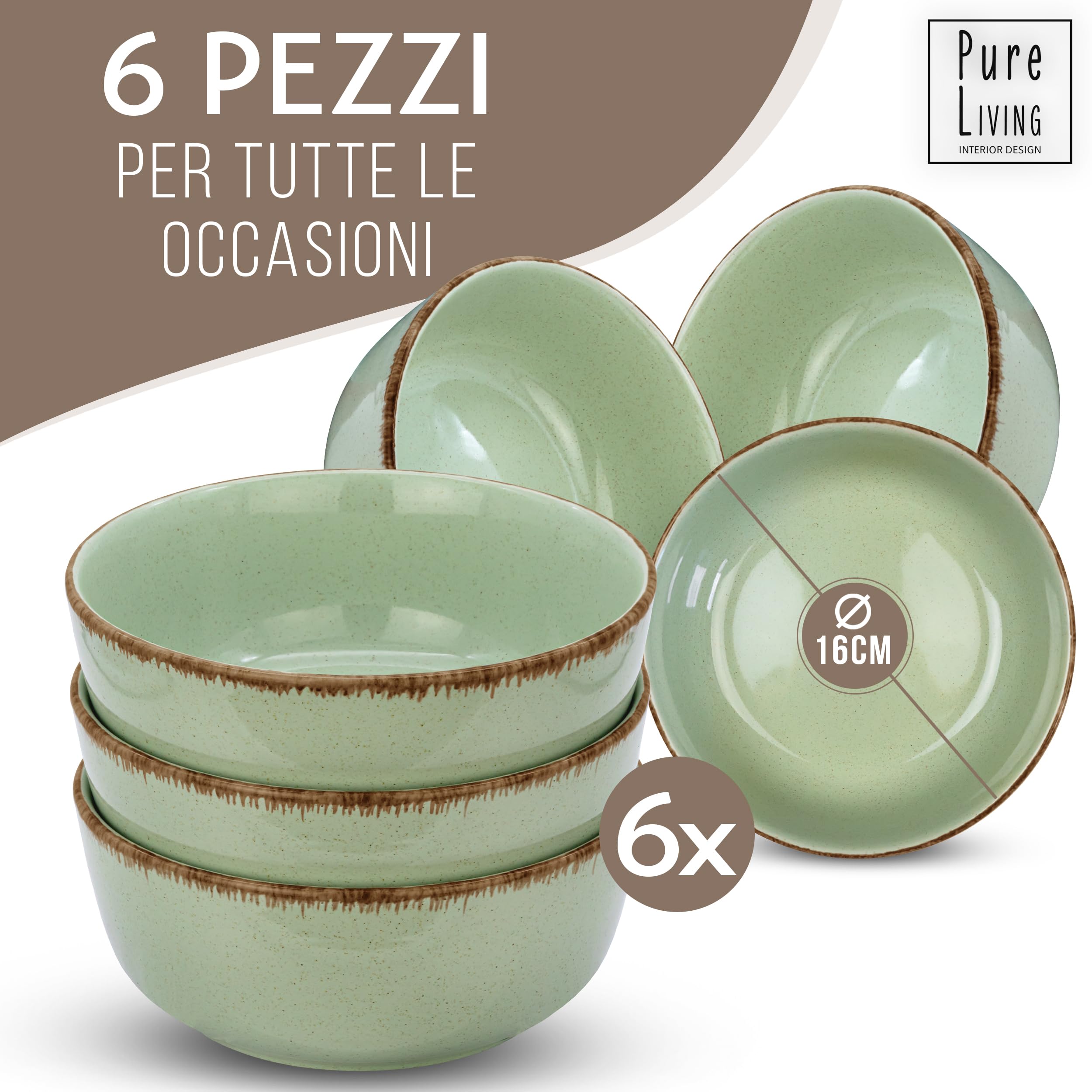 Set di 6 Ciotole per Müsli in Steingut Rustico - Moderno Set di Ciotole per Müsli, Lavabile in Lavastoviglie -Elegante Set Ideale per Müsli, Zuppe e Dessert - Pure Living verde menta