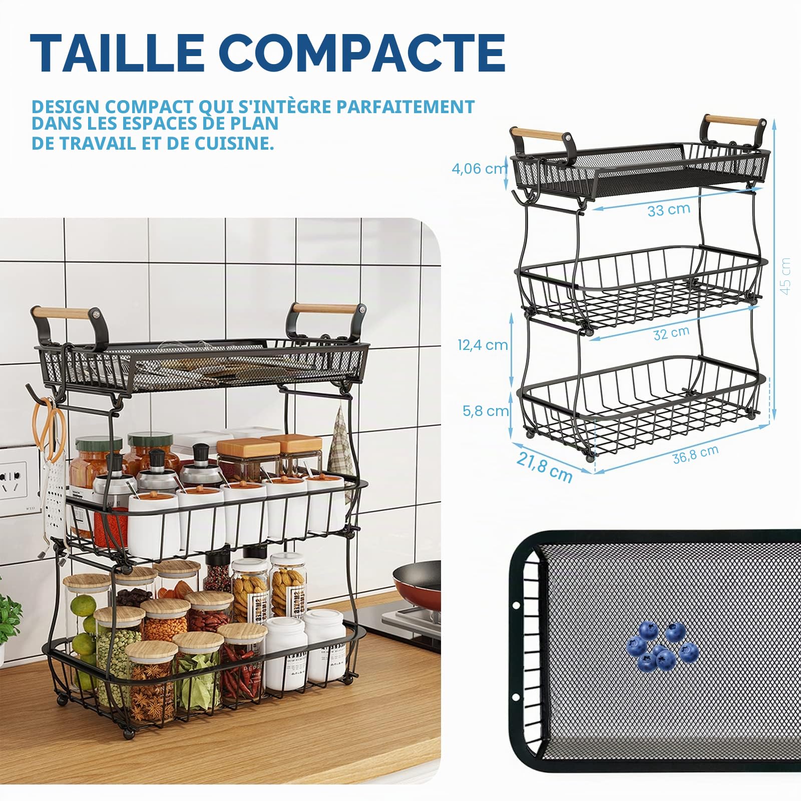 Panier à fruits à 3 niveaux avec 2 cintres pour bananes, panier à fruits et légumes pour comptoir de cuisine, panier en maille métallique, support de fruits pour oignons, collations et légumes, noir