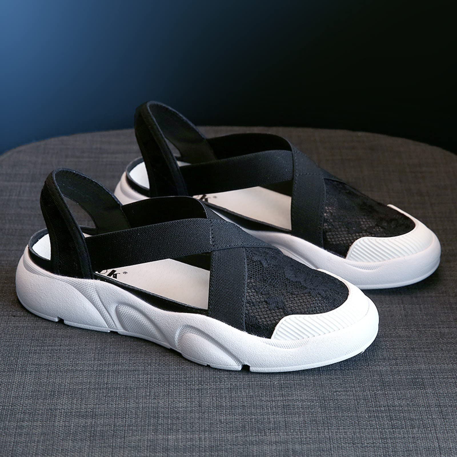 Klapki Letnie Sandały Mule, Damskie Buty Rybaka Oddychająca Miękka Podeszwa Sportowe Sandały Płaskie Buty Hollow Koronkowe Modne Buty, Czarne, 42