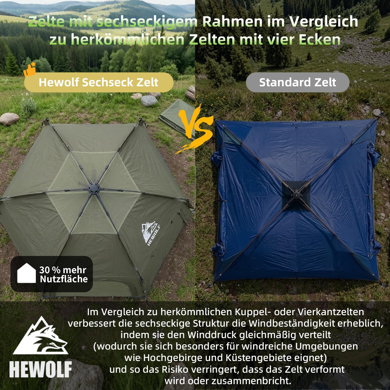 Hewolf Camping Zelt - Zelt 2/3/4 Personen Wasserdicht mit Vorzelt Familienzelt Einfache Einrichtung Campingzelt Biwakzelt Tent, 2-4 Mann Sechseckigeszelt Pop Up Wurfzelt