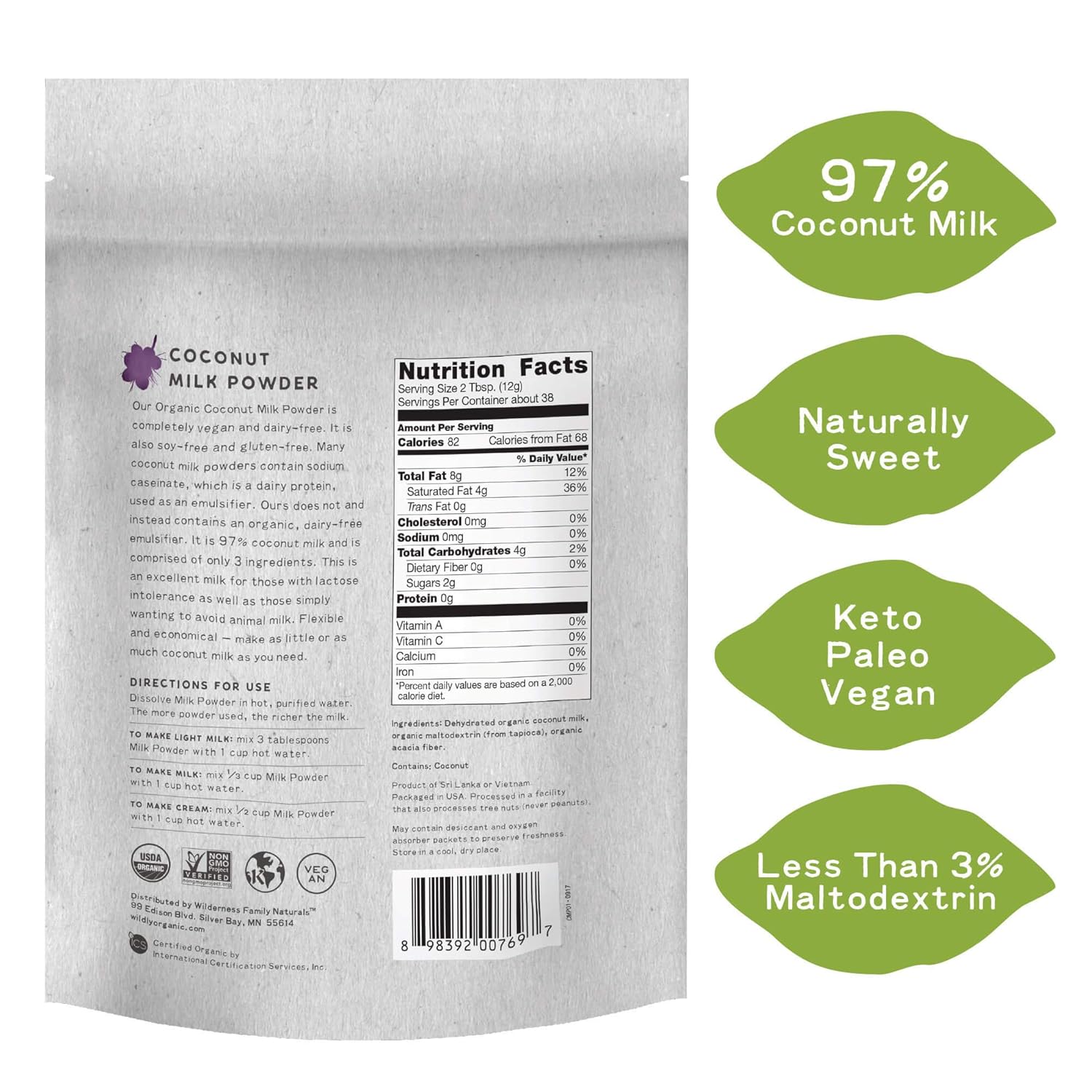 Wildly Organic Coconut Milk Powder 16 Oz, 1 lb Bag - Organic, Dairy-Free, Dry Milk Powder, Unsweetened, Dehydrated, Gluten-Free, Soy-Free, Non-GMO, Kosher, Vegan, 97% Coconut Milk with Zero Fillers - Makes Coconut Milk & Cream by Adding Water, Perfect in Smoothies, Coffee, Baking, & Cooking - 3 Ingredients