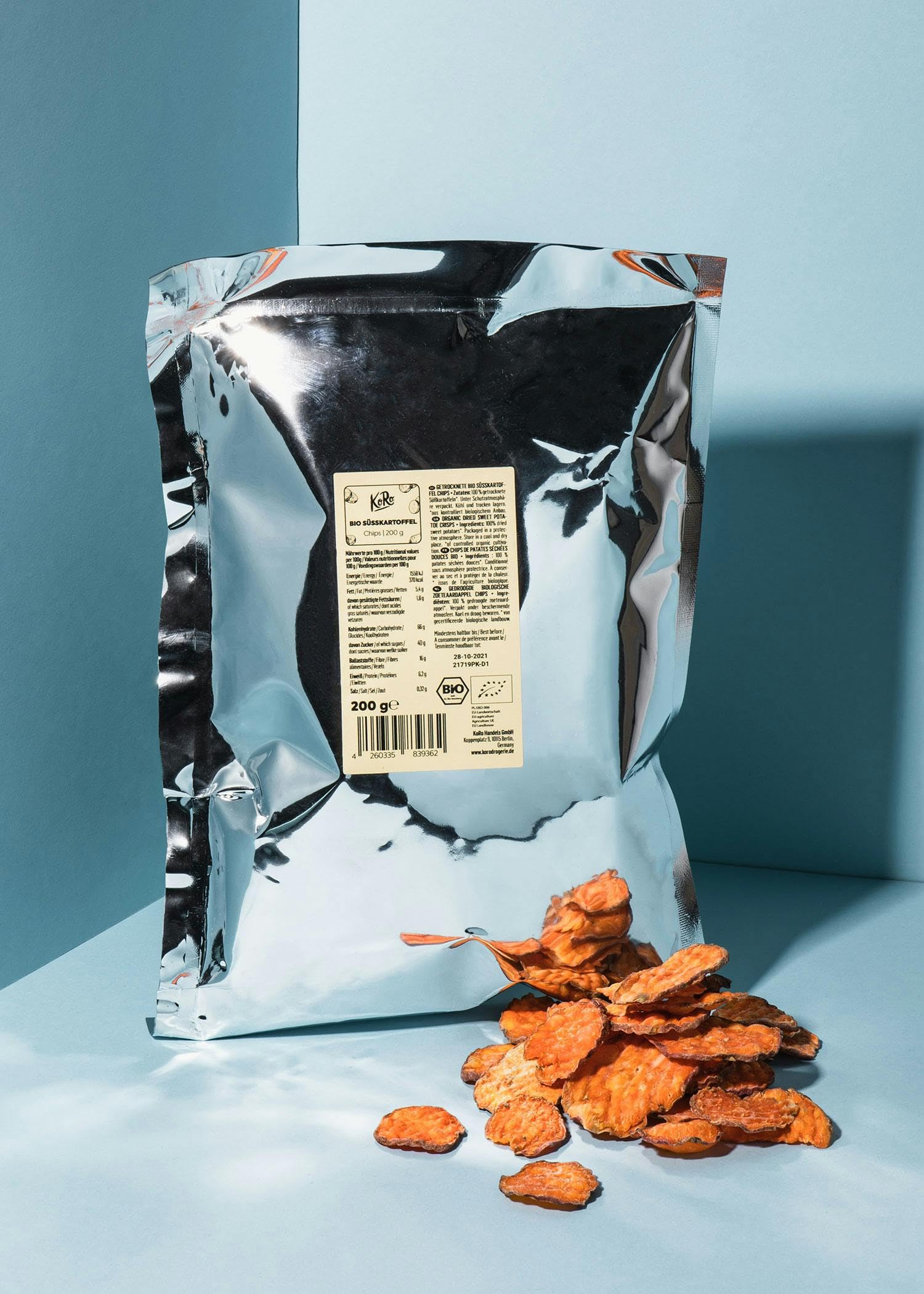 KoRo - Bio Süßkartoffelchips ohne Zusatz von Öl und Salz 200 g - Aus 100% Süßkartoffeln - Knusprige Scheiben - Ohne Zusätze