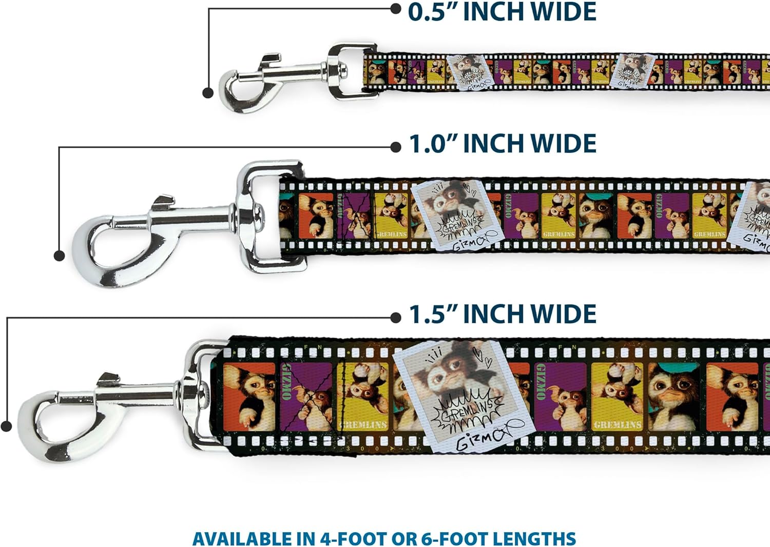 Warner Bros. Horror Movies Pet Leash, Dog Leash, Gremlins Gizmo Filmstrip Poses Multi Color, 6 Feet Long 1.0 Inch Wide