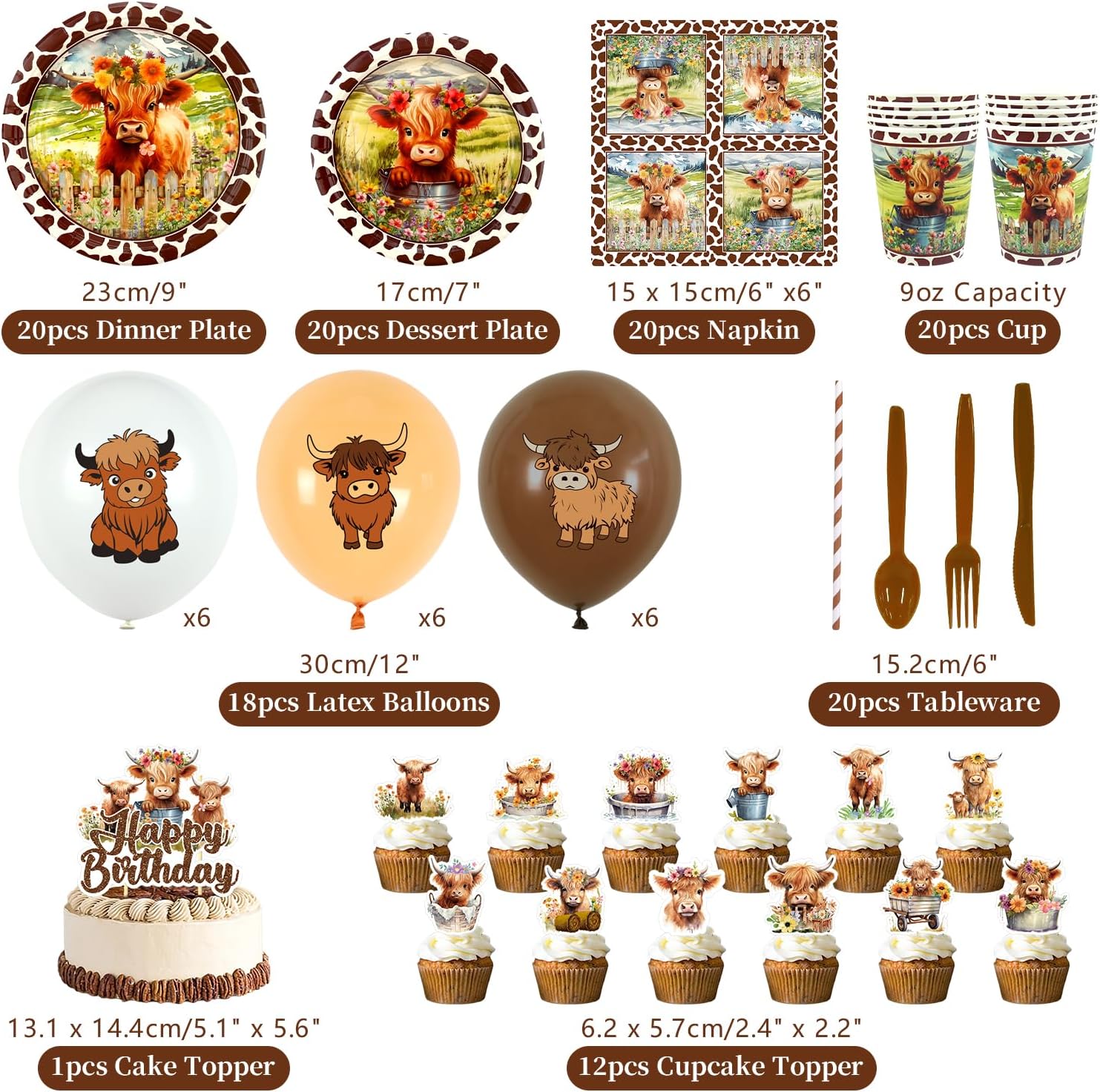 Highland Cow Birthday Decorations - Brown Cow Party Tableware, Plates Cups Napkins Pickle Party Tablecloth Happy Birthday Backdrop Balloons Cake Toppers for Western Farm Animals Supplie