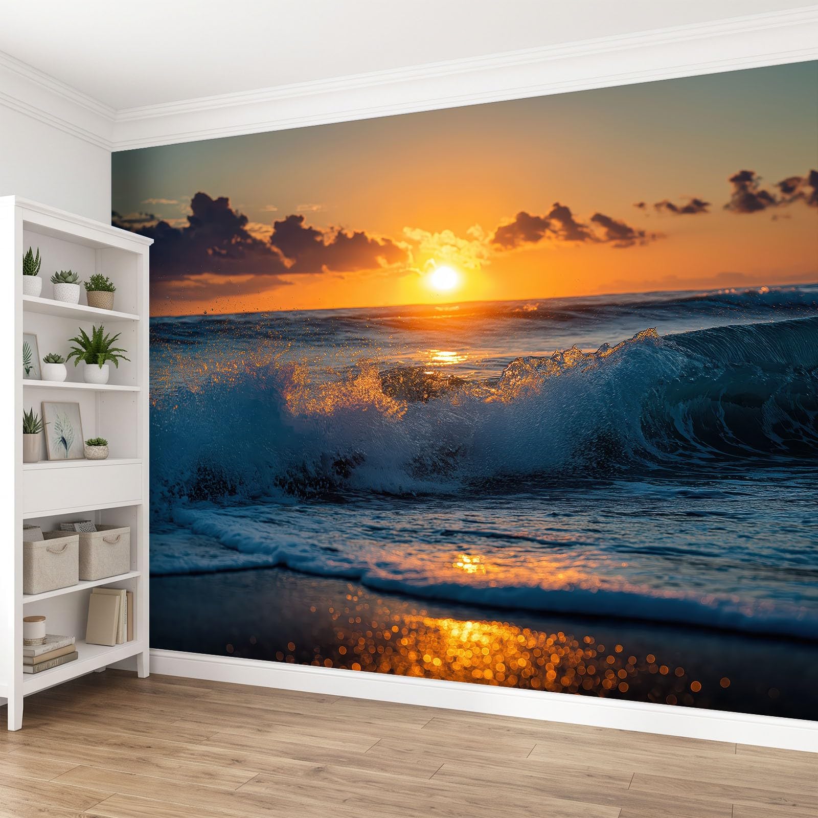 Przybrzeżna natura efekt 3D fototapeta 350 szer. x 256 cm wys. cm, fala oceaniczna zachód słońca chmura wysokiej jakości włóknina mural tapeta do salonu pokoju zabaw sypialni pokoju dziecięcego cecha