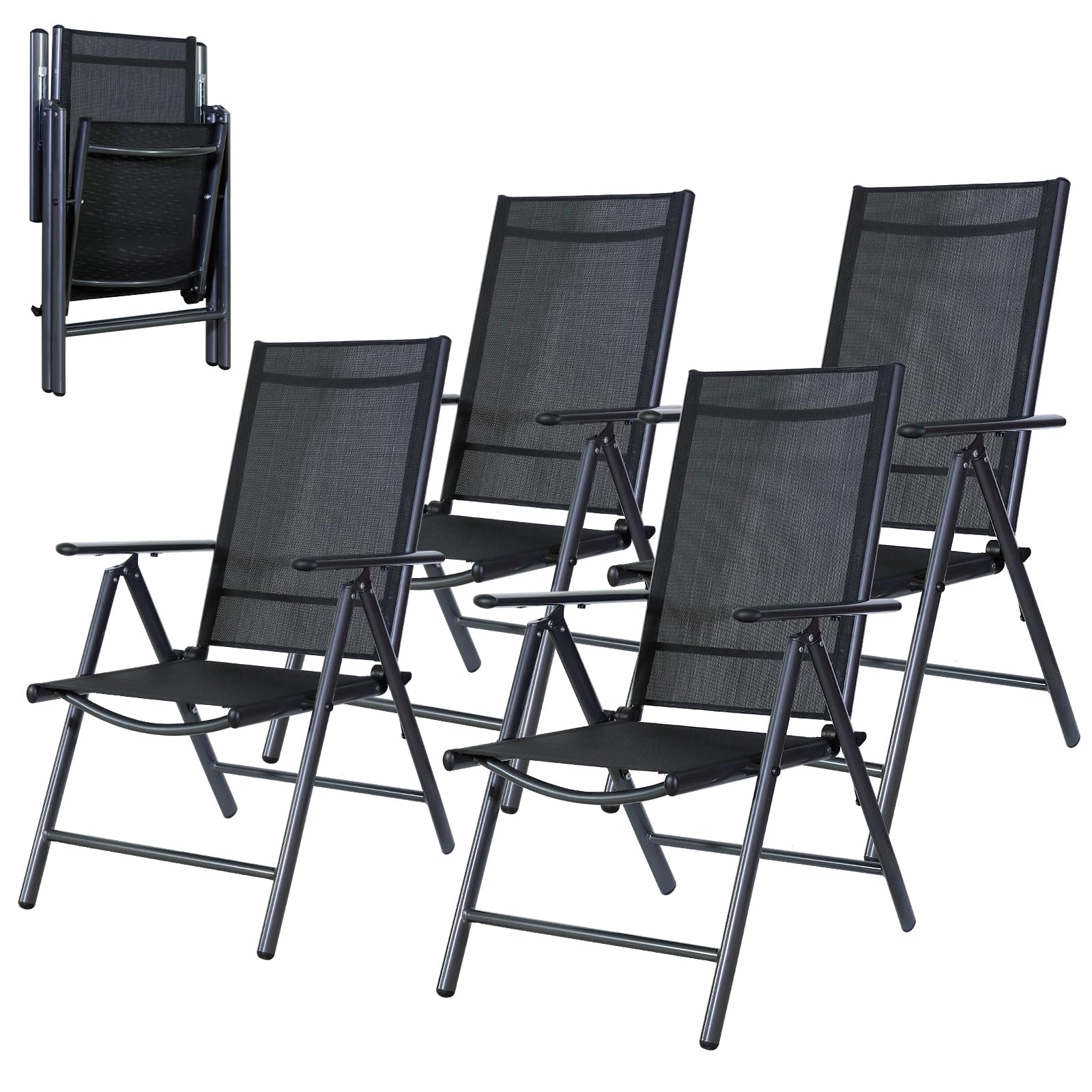 CCLIFE Gartenstühle Alu 4er Set,Gartenstuhl Hochlehner Klappbar, Balkonstühle 7-Fach Verstellbar bis 150kg Dunkelgrau, Modell: Breeze,CushHom