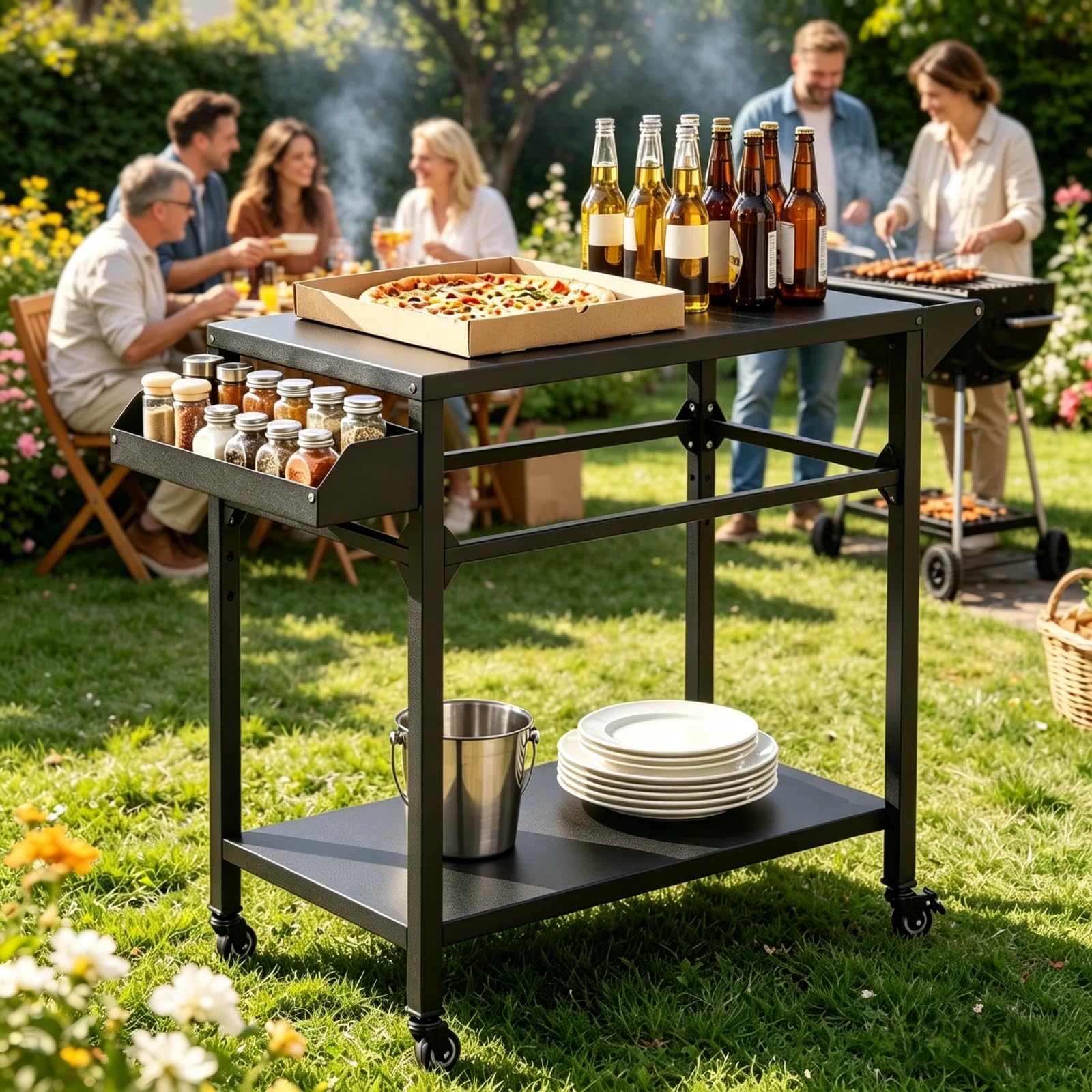 KOMFOTTEU Carrello per Barbecue a 2 livelli, Carrello da Giardino con Porta Asciugamani e Scaffale per Spezie, Desserte da Esterno, 4 Rotelle, per Giardino e Terrazza, 100 x 45 x 80 cm, Nero