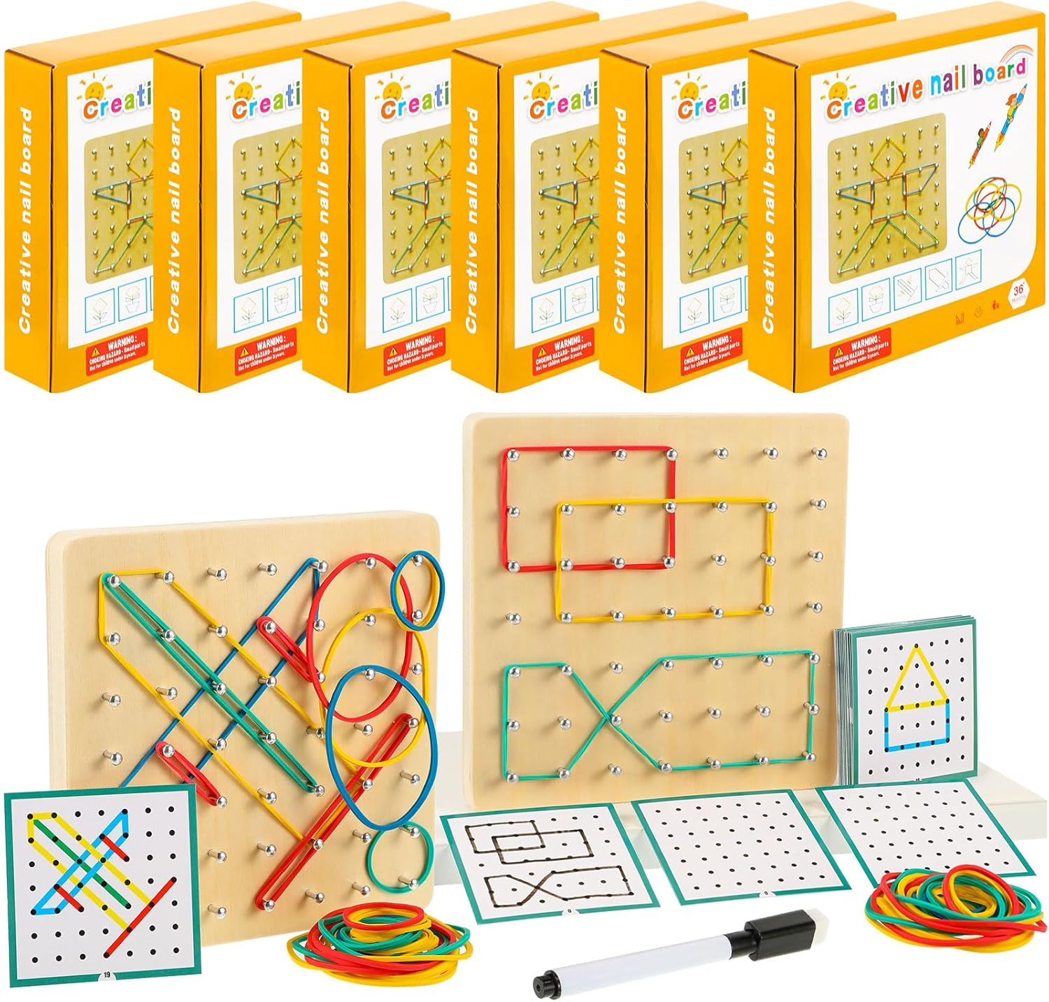Jenaai 6 Set Wooden Geoboard with Rubber Bands Graphical