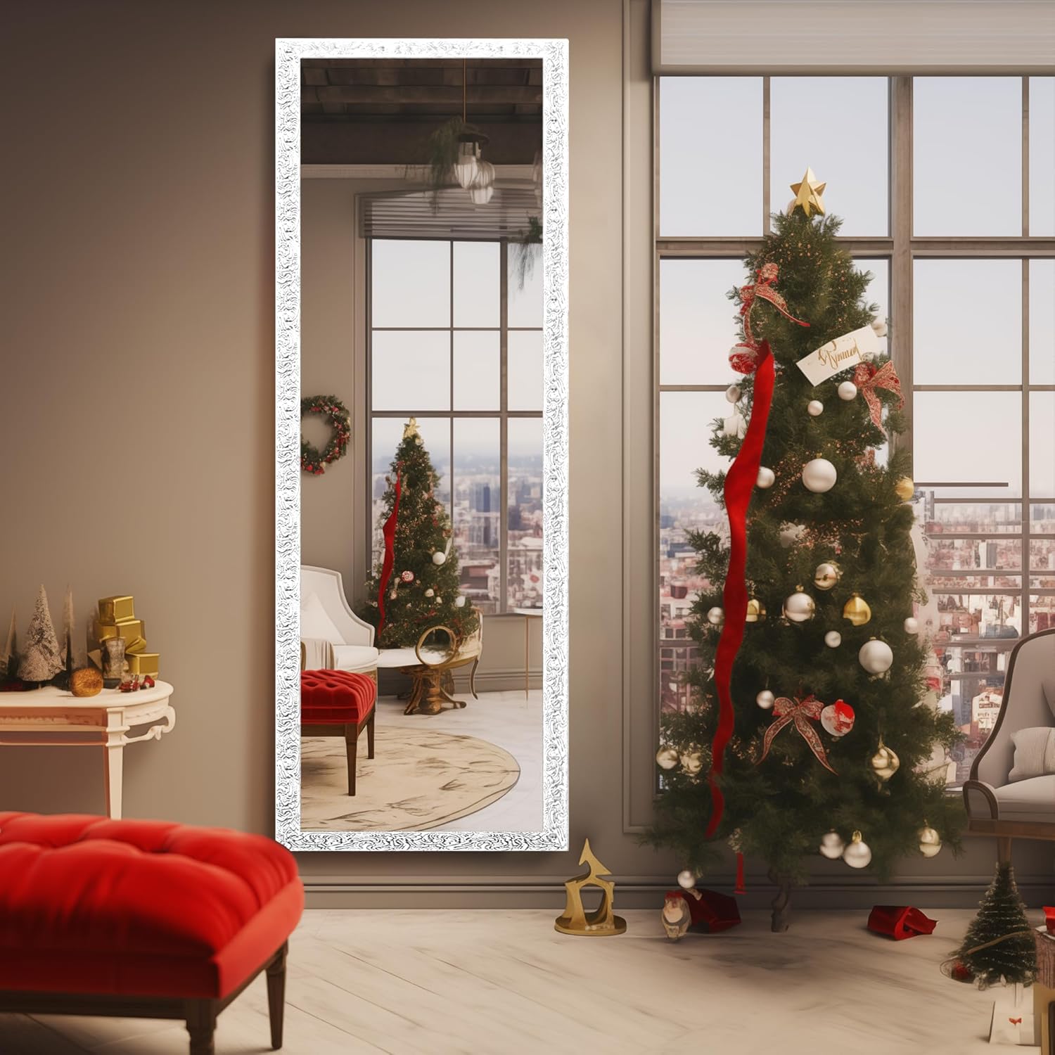 lft huimei2y door mirror full length, wall-mounted mirror rectangle tall with engraving frame, over the door hanging mirror for bedroom, living room, dressing room, white 50" x14" white 50"l x 14"w