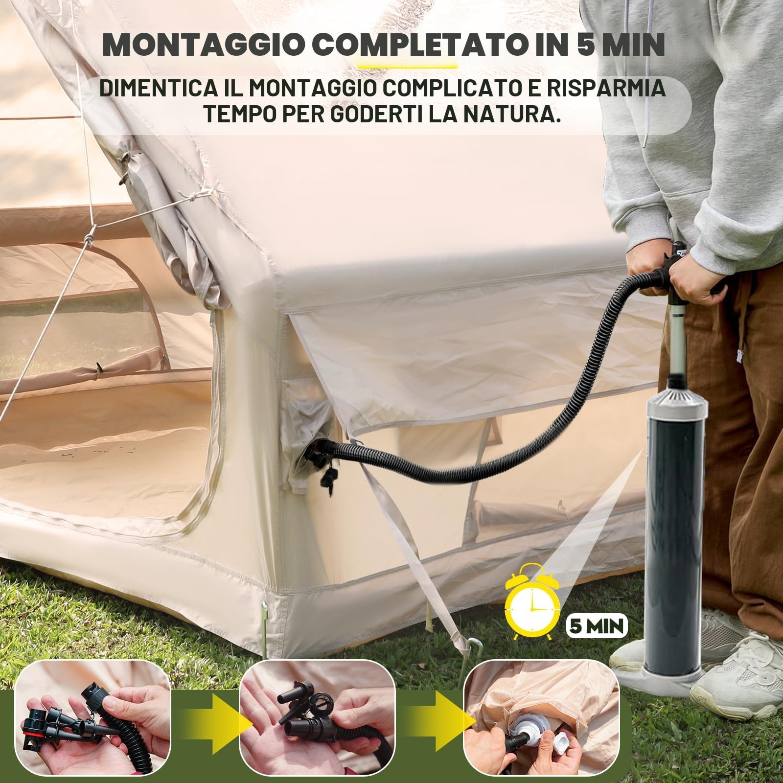 Tenda da campeggio gonfiabile 2-8 persone con apertura camino e lucernario, Oxford impermeabile 4 stagioni, pompa aria