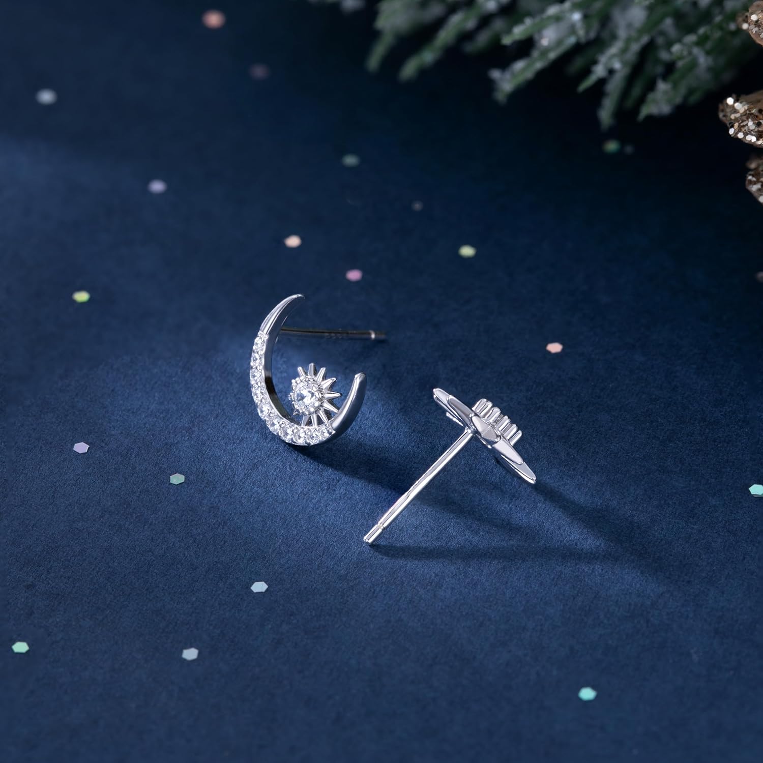 Reffeer Solid 925 Sterling Silver CZ Moon Star Earrings Stud for Women Teens Moon Sun Studs Earrings Asymmetric - Image 6
