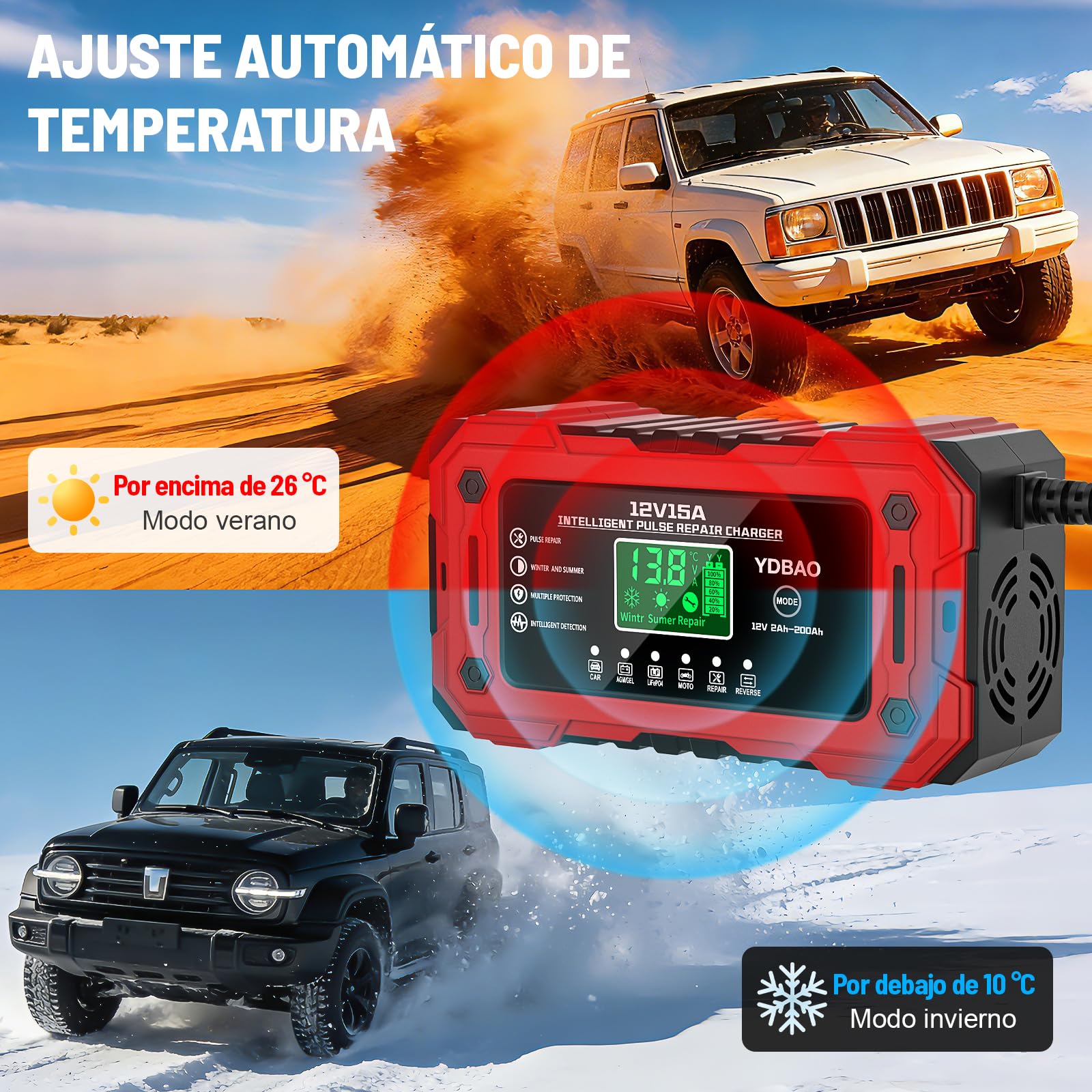 YDBAO 12V 15A Cargador de Batería de Coche Cargador Baterias Coche y Moto Inteligente con Reparación y Pantalla LCD y Múltiples Protecciones Cargador bateria para Coche Moto AGM SLA Gel LiFePO4