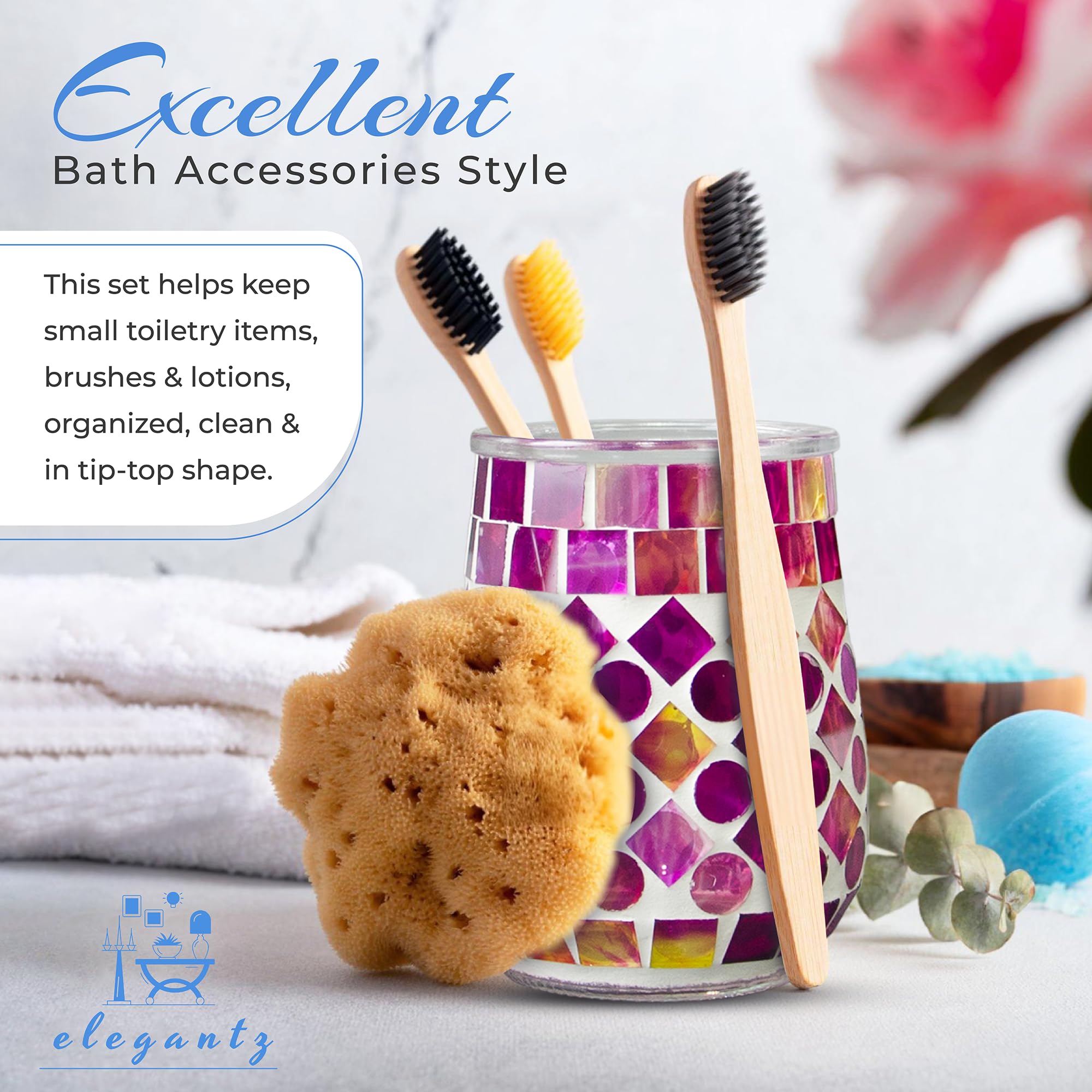 ELEGANTZ Juego de accesorios de baño - Juego de accesorios de baño de mosaico con dispensador de jabón de vidrio y soporte para cepillo de dientes - Accesorios de baño decorativos para encimera para