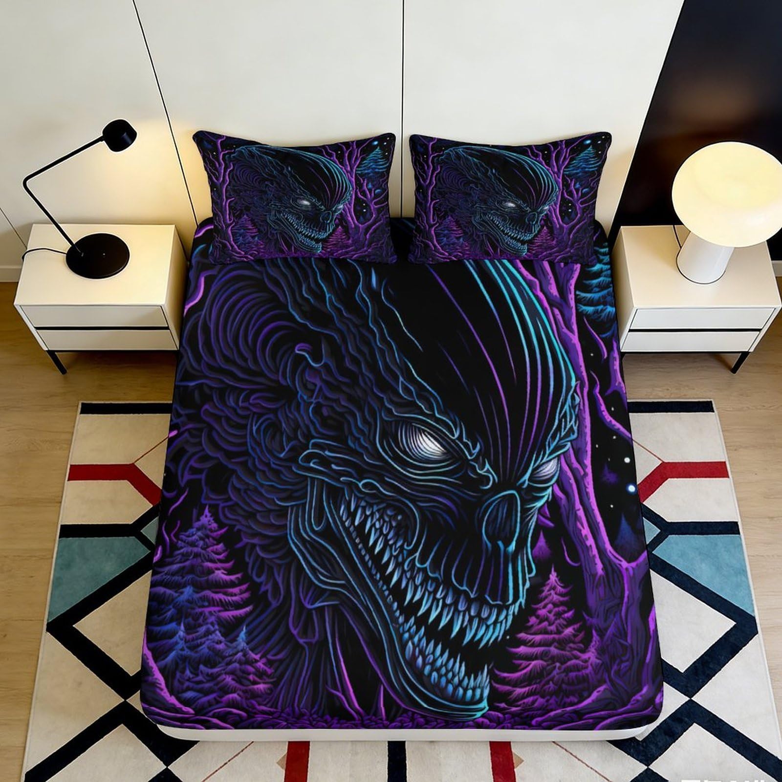 3D Printed Gothic Skull Fitted Sheet Microfiber Purple Black Mattress Cover for Bedroom Decor Adult Youth 90x200x25cm