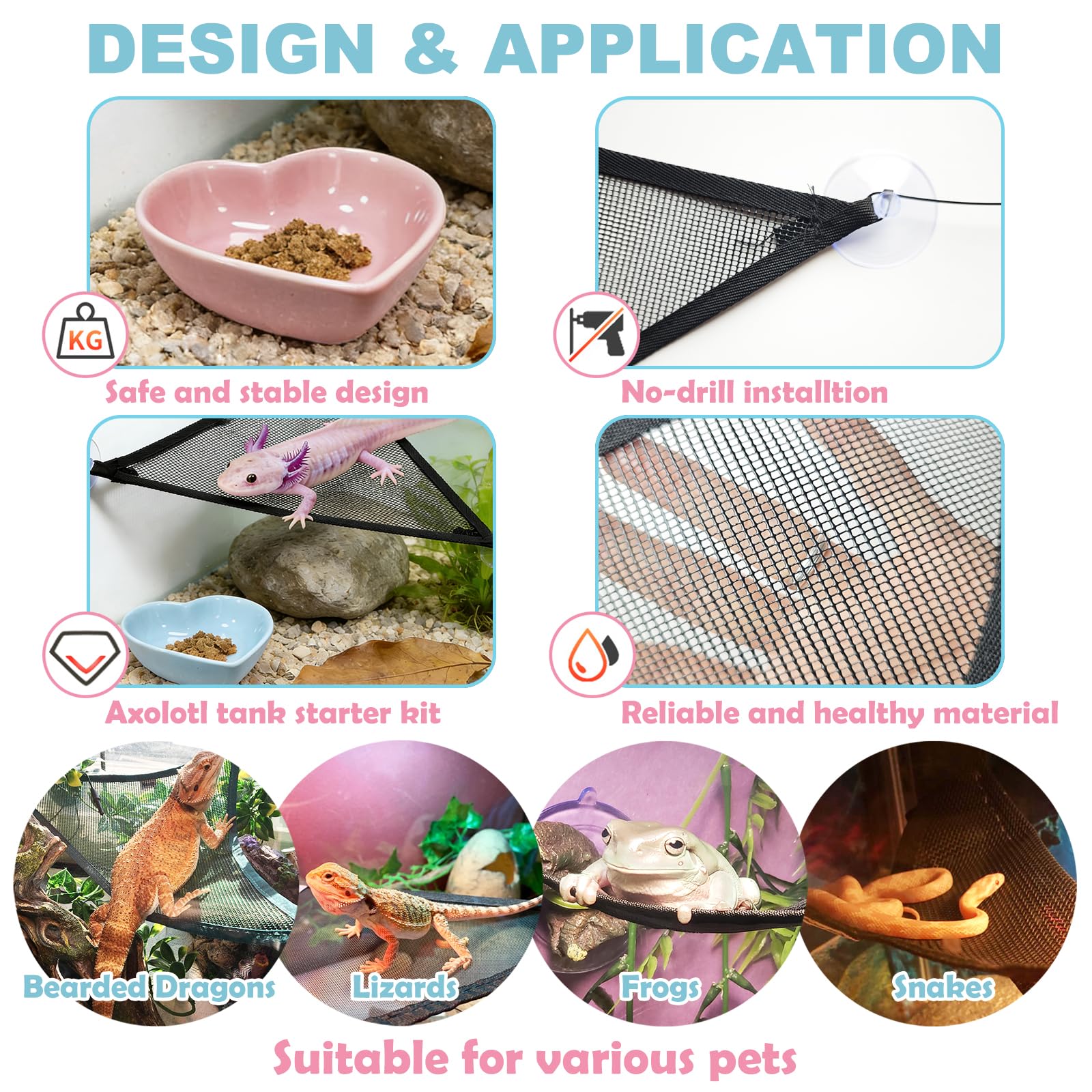 Axolotl Hamac pour aquarium avec gamelle, accessoires de réservoir Axolotl – Hamac en maille respirante pour reptiles avec plateau d'alimentation pour dragons barbu, geckos, lézards, serpents