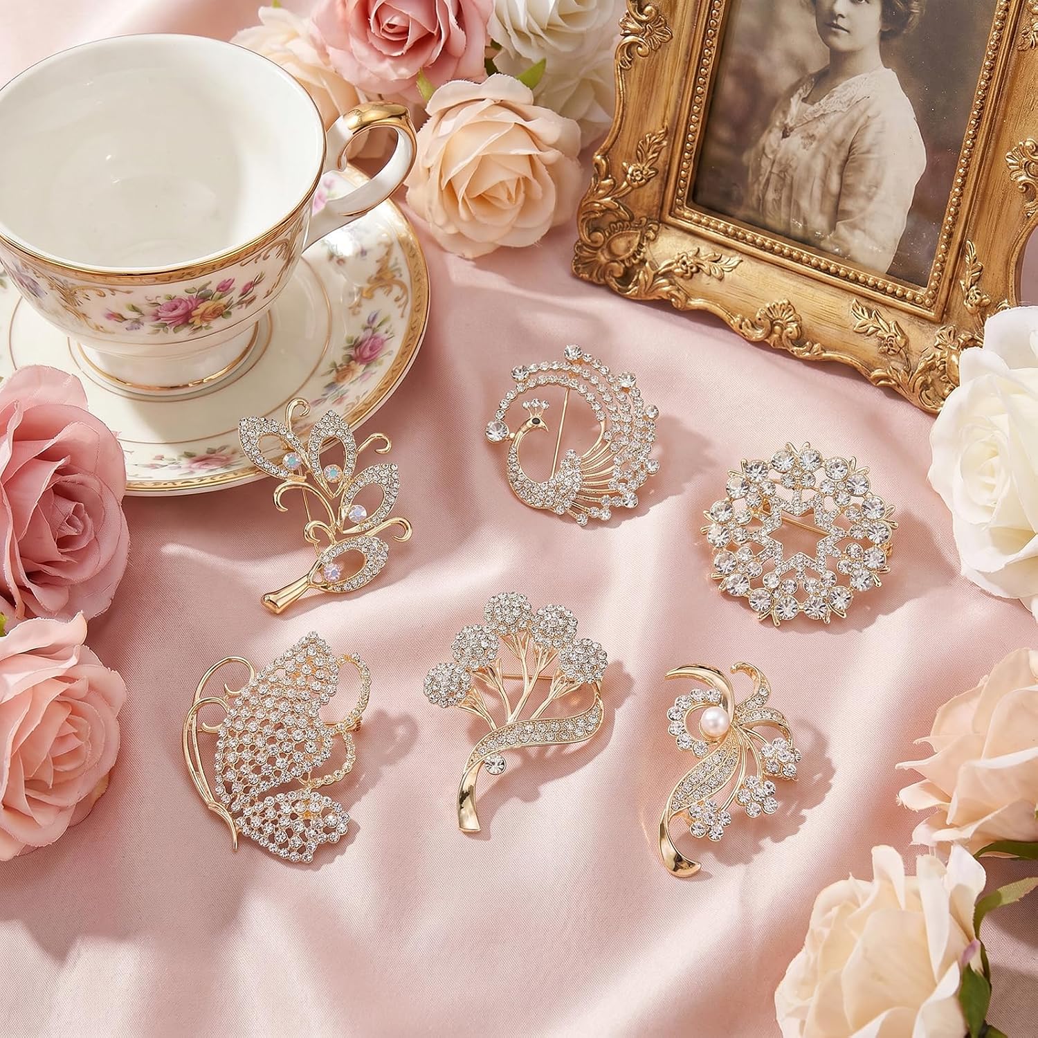 6PCS Brooches and Pins, Glod Crystal Floral Pins for Women