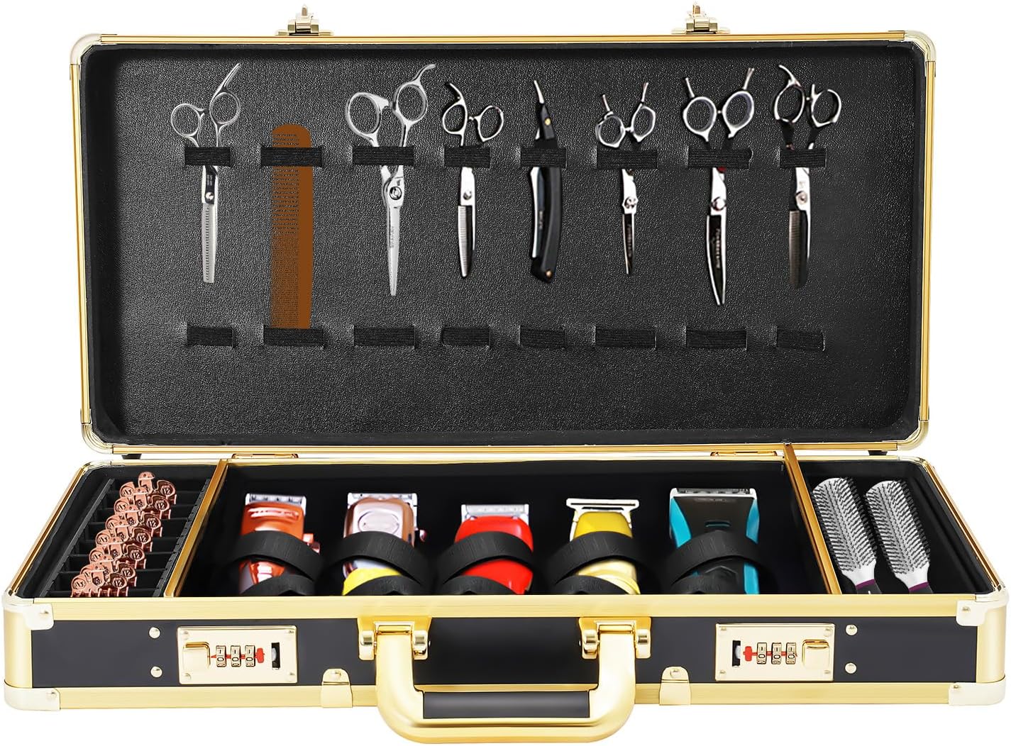 Barber Carrying Case - Sturdy Portable Storage for Clippers, Scissors, and Salon Tools - Multi-Space Organizer with Combination Lock - for Barbers, Stylists, and Groomers (Black, Golden)