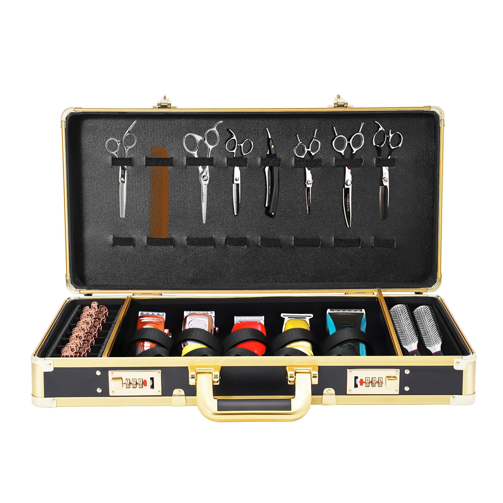 Estuche para peluquería, caja de almacenamiento de herramientas, estructura de aluminio, cerradura de 3 dígitos, organizador profesional, peluquería, viajes, salón, uso móvil, 55 x 27 x 10 cm