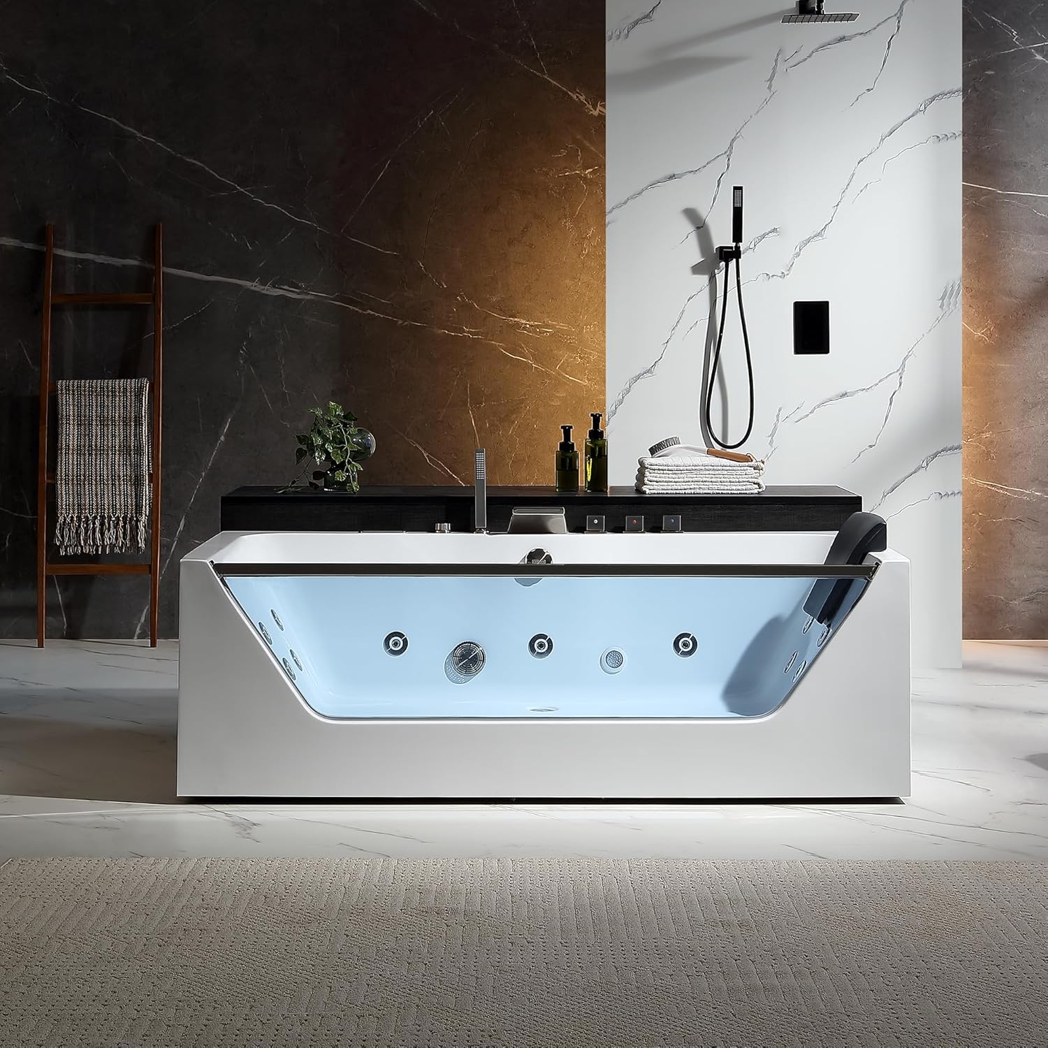 Empava Acrylic Whirlpool Bathtub, 71-Inch Jetted Bathtub with Heater, 10 Jets Hydromassage with Chromatherapy, 3-Side Apron with LED Control Panel, Waterfall, Brushed Nickel Hardware and Nozzle