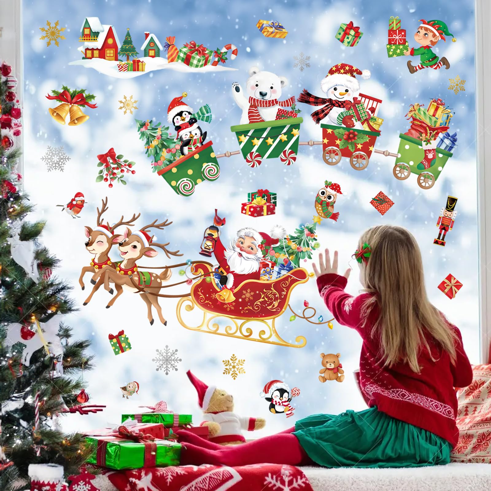 decalmile Christmas Window Wall Decals Santa Claus Reindeer Wall Stickers Christmas Train Snowman Penguin Bear Window Clings Kids Room Home Party Shop Decoration