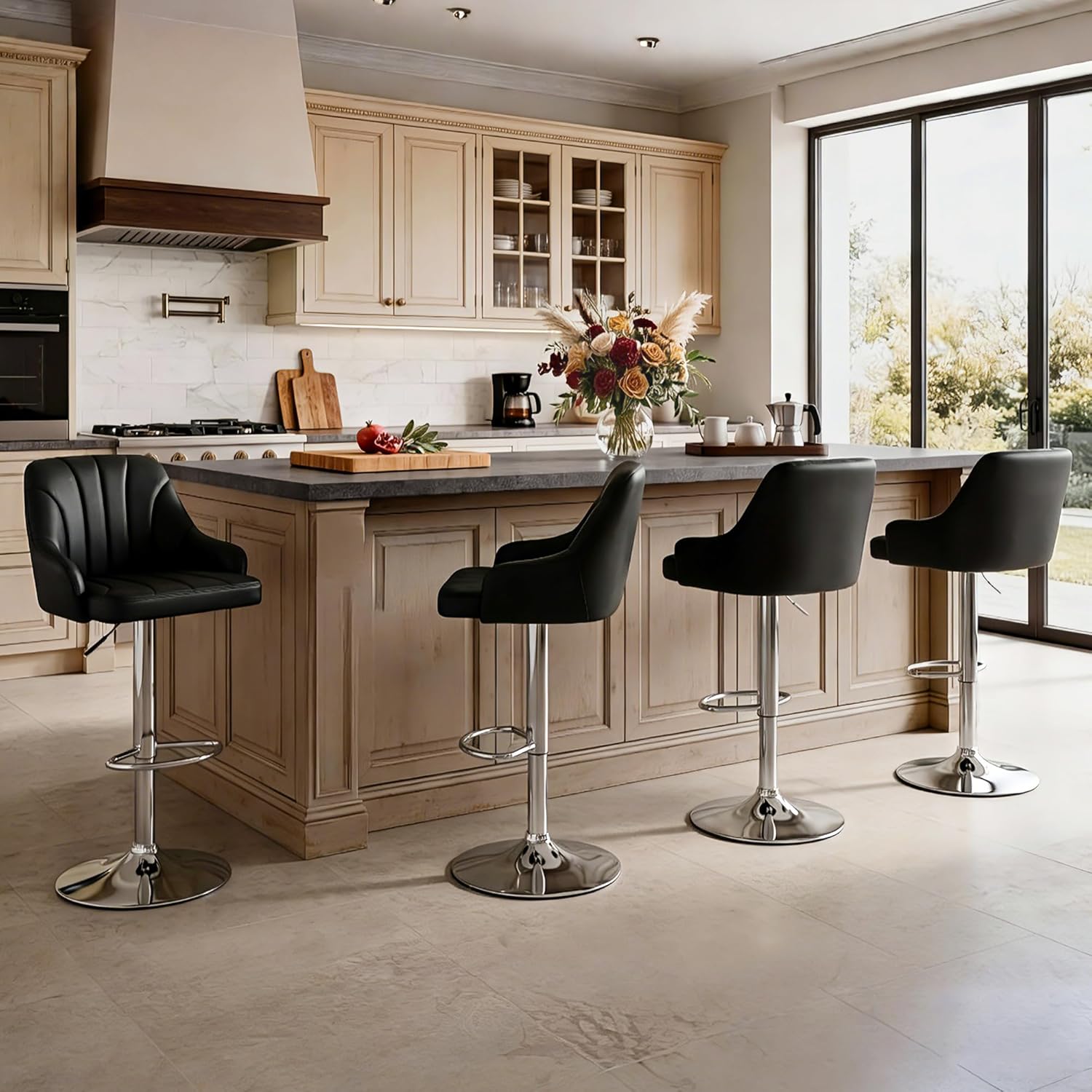 LSSPAID Bar Stools Set of 2, Adjustable Counter Height Swivel Barstools with Back & Arms, Industrial Style Bar Chairs with Metal Base for Kitchen Counter Cafe Dining Room, Black