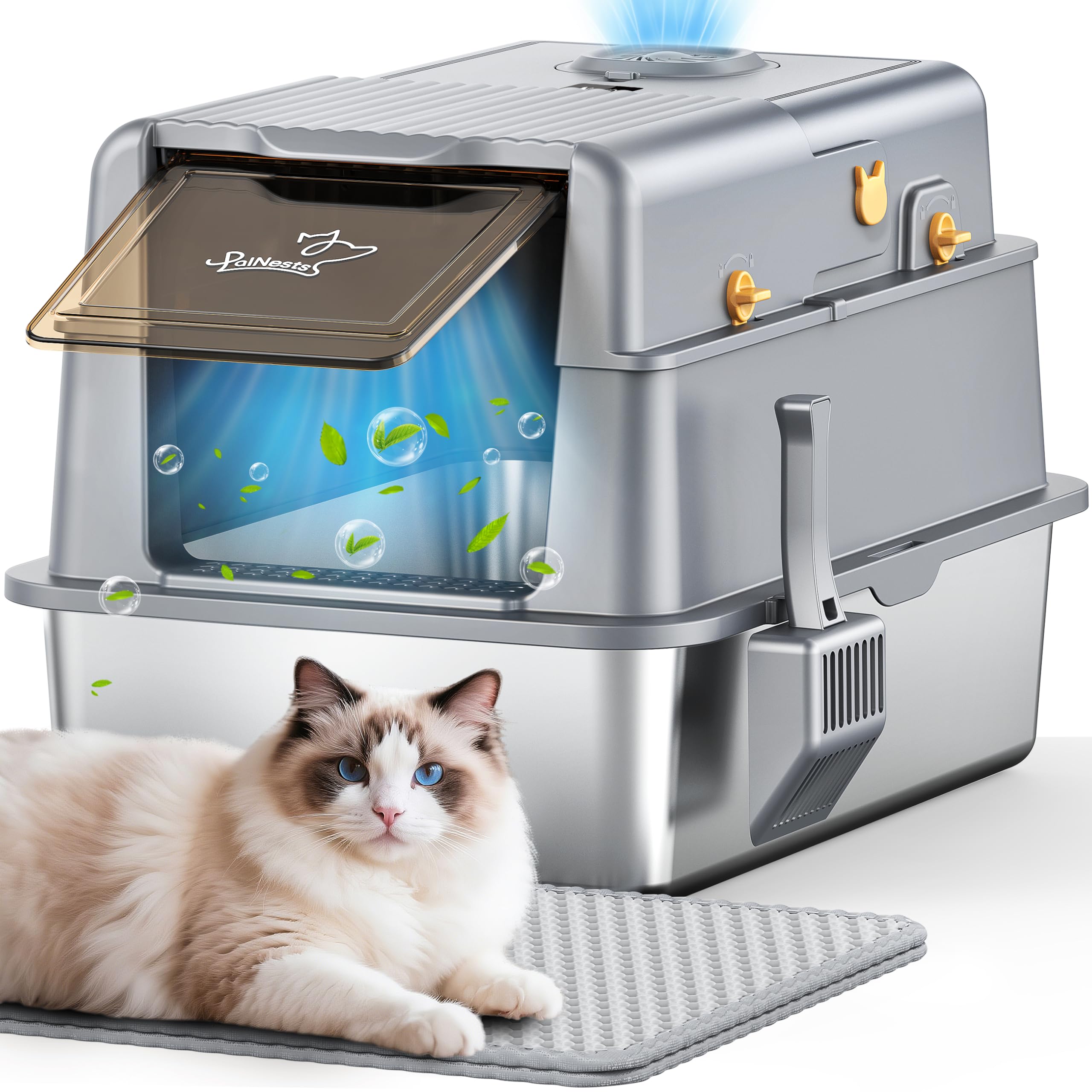 PalNests Lettiera Acciaio Inox per Gatti, Lettiera per Gatto XXL con Coperchio Ribaltabile a 105°, Lettiere in Metallo con Sistema di Aria Deodorizzazione, Lettiere Chiusa con Paletta e Tappetino