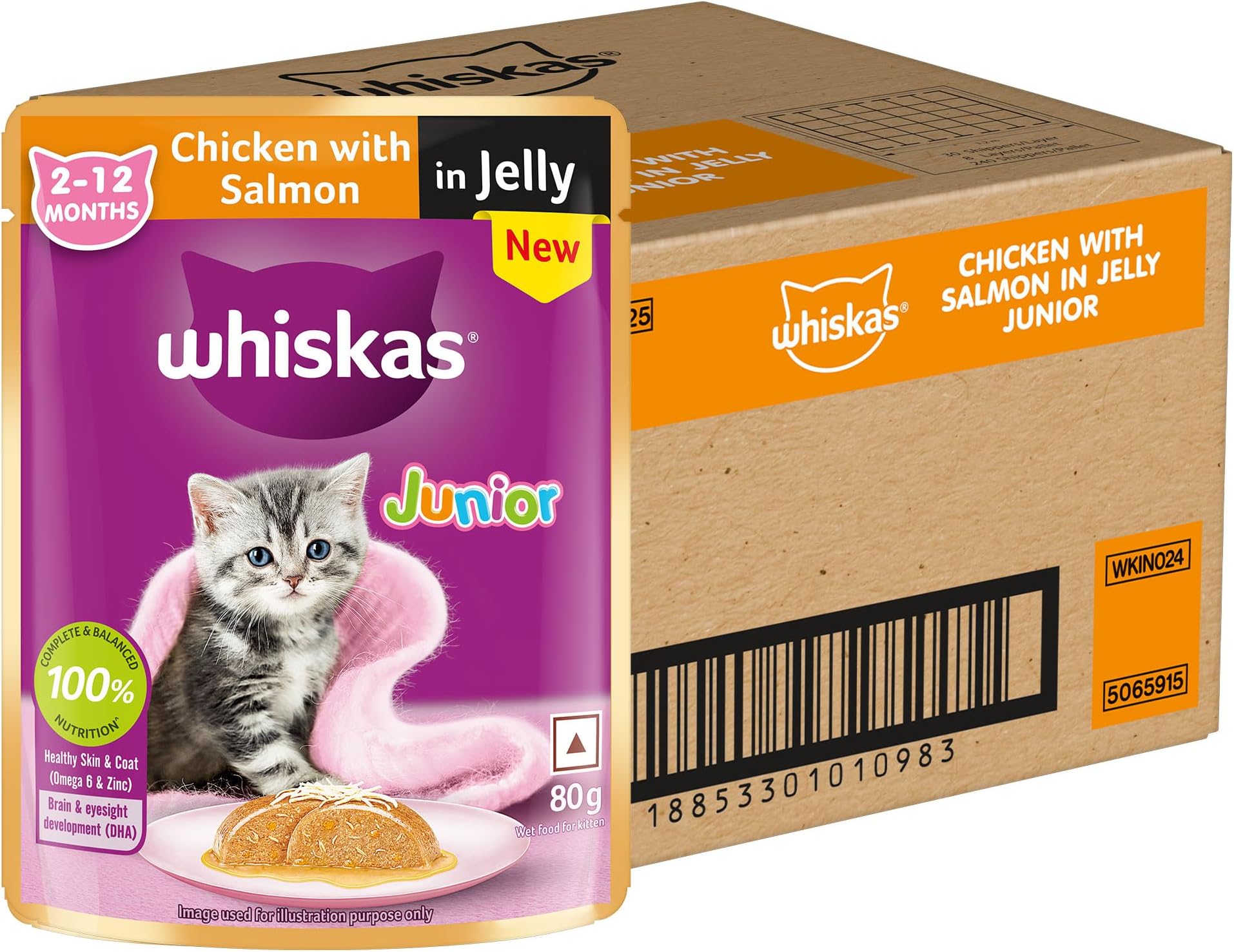Whiskas Junior Kitten (2-12 Months) Wet Cat Food, Chicken with Salmon in Jelly, 80 g x 28, Hydrating Food Made with Real Fish, 100% Complete & Balanced Nutrition for Kittens