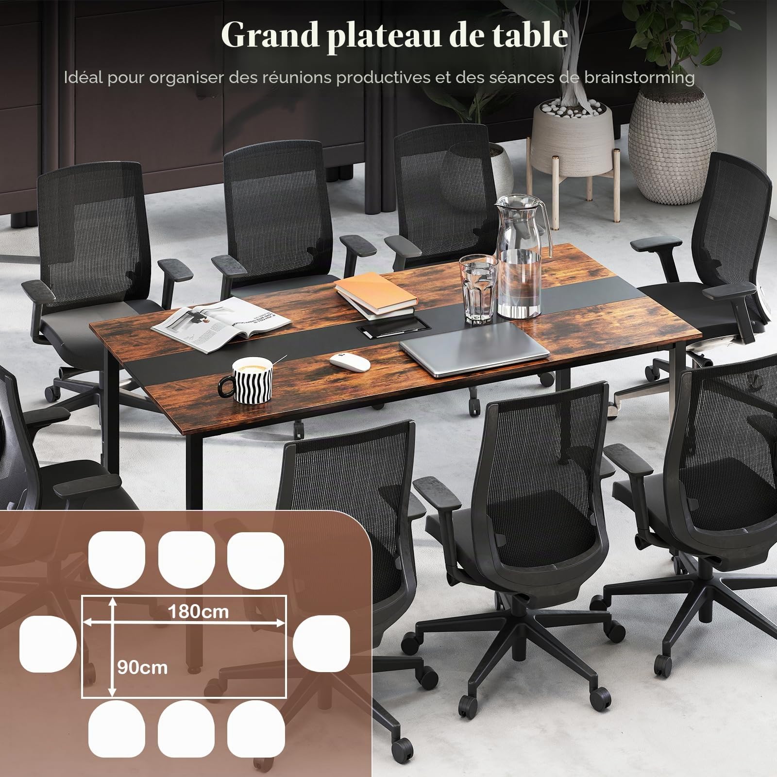 GIANTEX Table de Conférence Carrée 180 x 90 cm, pour 8 à 10 Personnes, Table de Séminaire, Trou pour Câble, Pieds en Métal, Style Industriel, pour pour Salle de Réunion, Breau, Marron Rustique