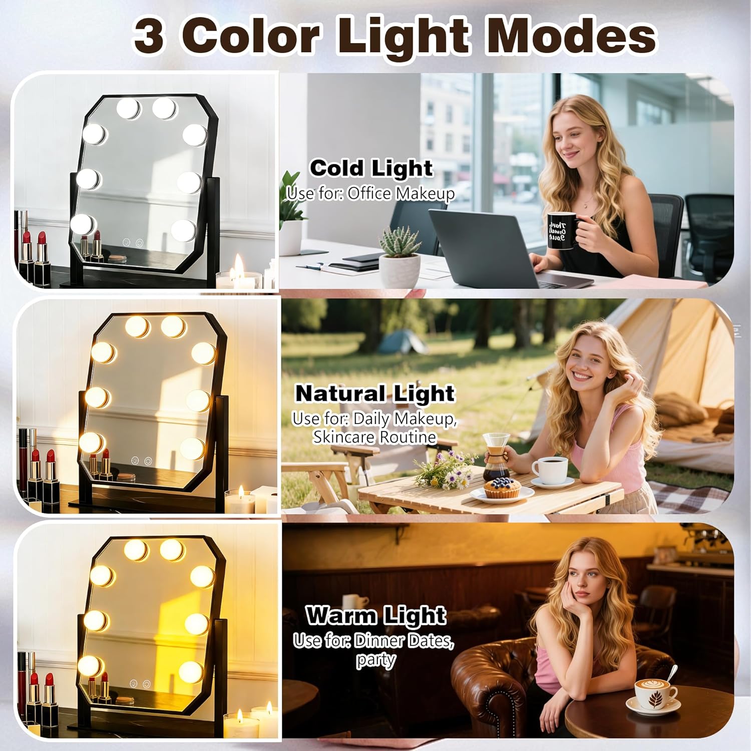 Vanity Mirror with Lights - 11.8"x9.8" Hollywood Makeup Mirror with Dimmable LED Bulbs, 3 Color Modes, Smart Touch Control, Desktop Mirror for Bedroom Dressing Table, Gift for Women Girls (Black)