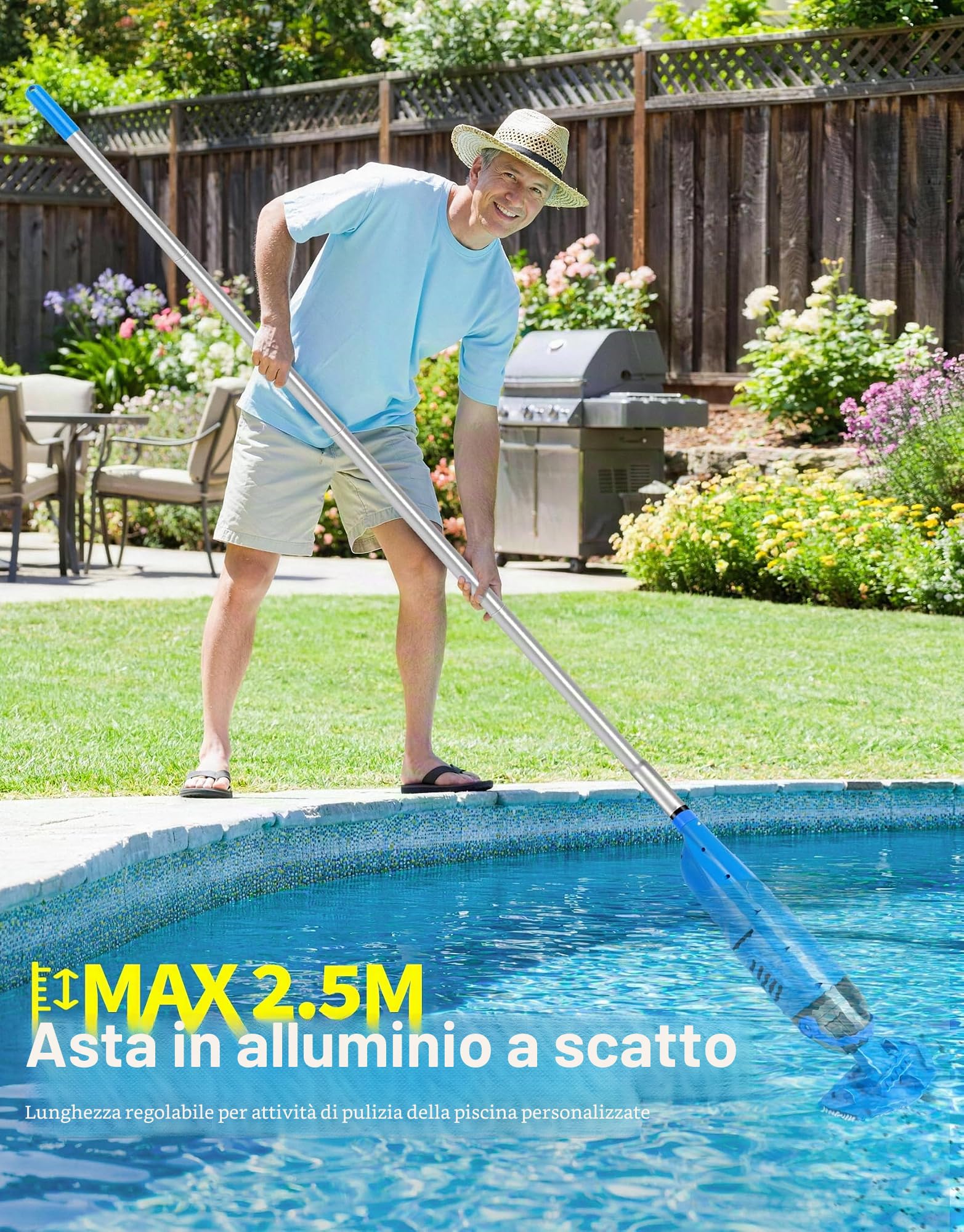 LanBlu Aspirapolvere Piscina a Batteria, 2.5m Aspiratore Piscina Fuori Terra con Palo Telescopico, 4200L/H Manuale Aspiratore Piscine Senza Fili con 4 Filtri,Design Anti-ritorno Pulitore Fondo Piscine