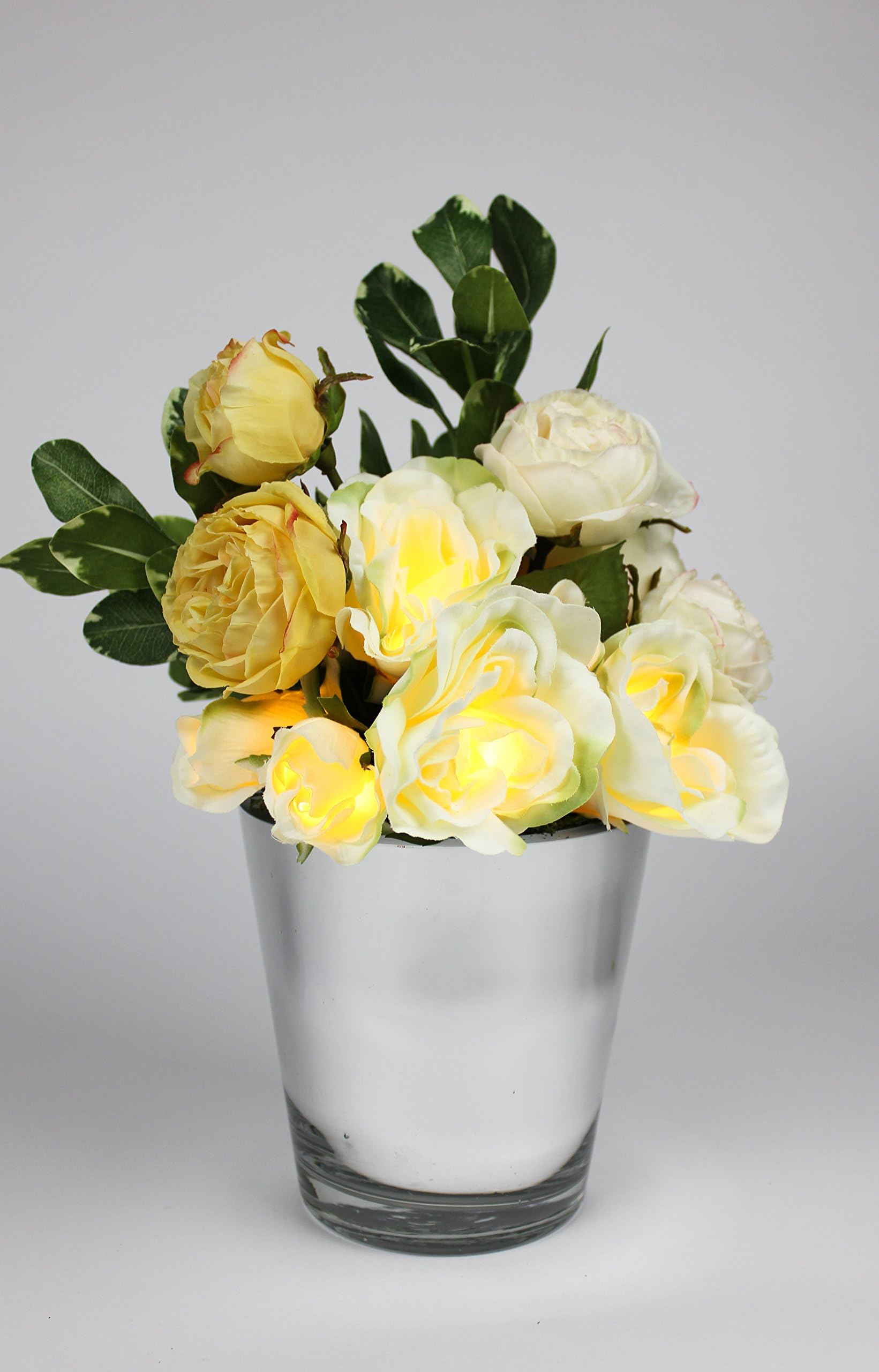 Illuminated Rose Floral Arrangement in Mirrored Glass Vase