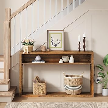 FAVOOSTY Farmhouse Console Table with Storage, 47 Entryway Console Table with Led Light, 2-Tier Entryway Table Sofa Table Behind Couch Table Hallway Stand for Living Room,Foyer,Entrance Brown