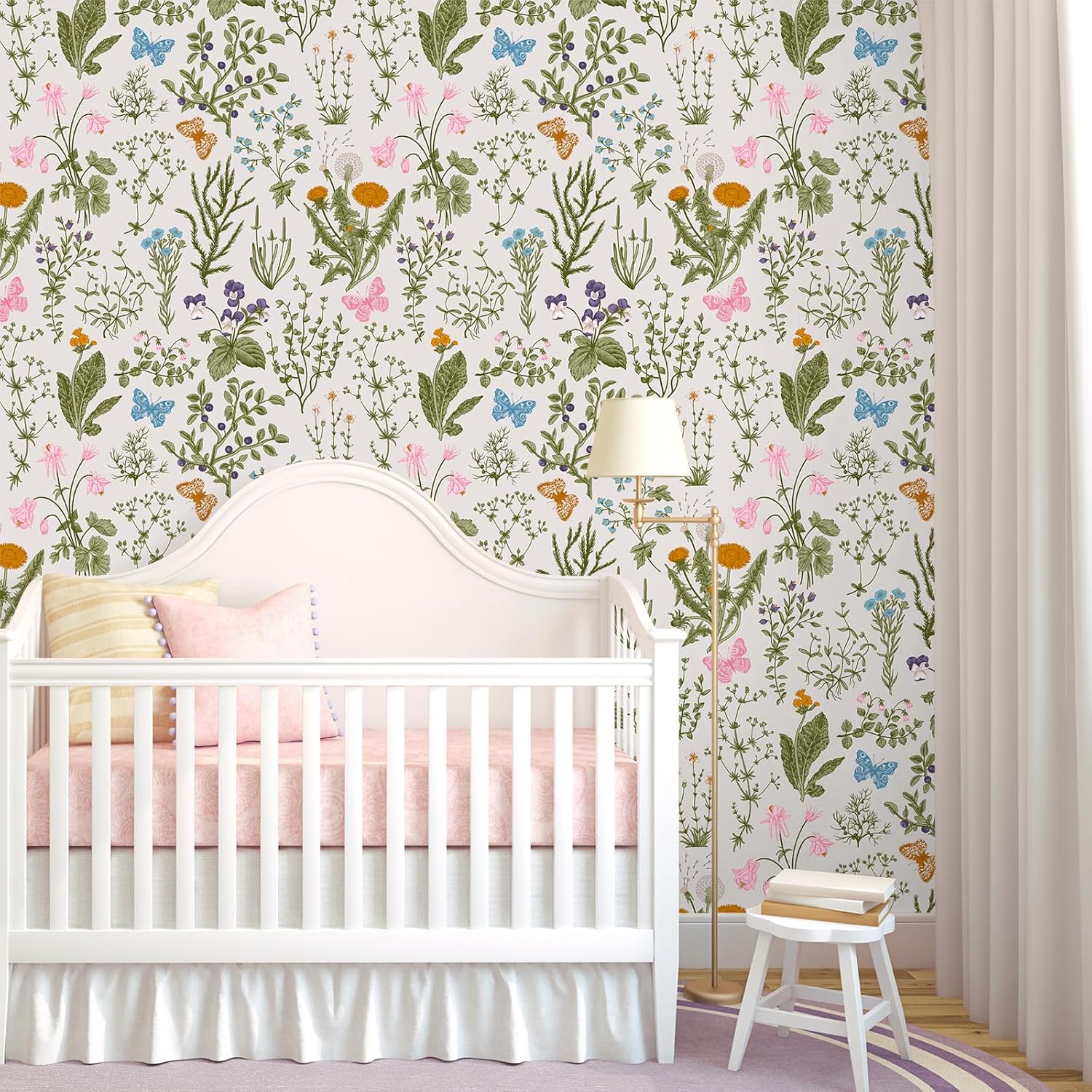 VEELIKE 17.7''x118'' Botanical Herbs Floral Wallpaper Mural Vintage Butterfly Wildflowers Floral Peel and Stick Wallpaper Removable Self Adhesive Decorative Contact Paper for Bathroom Walls Cabinets