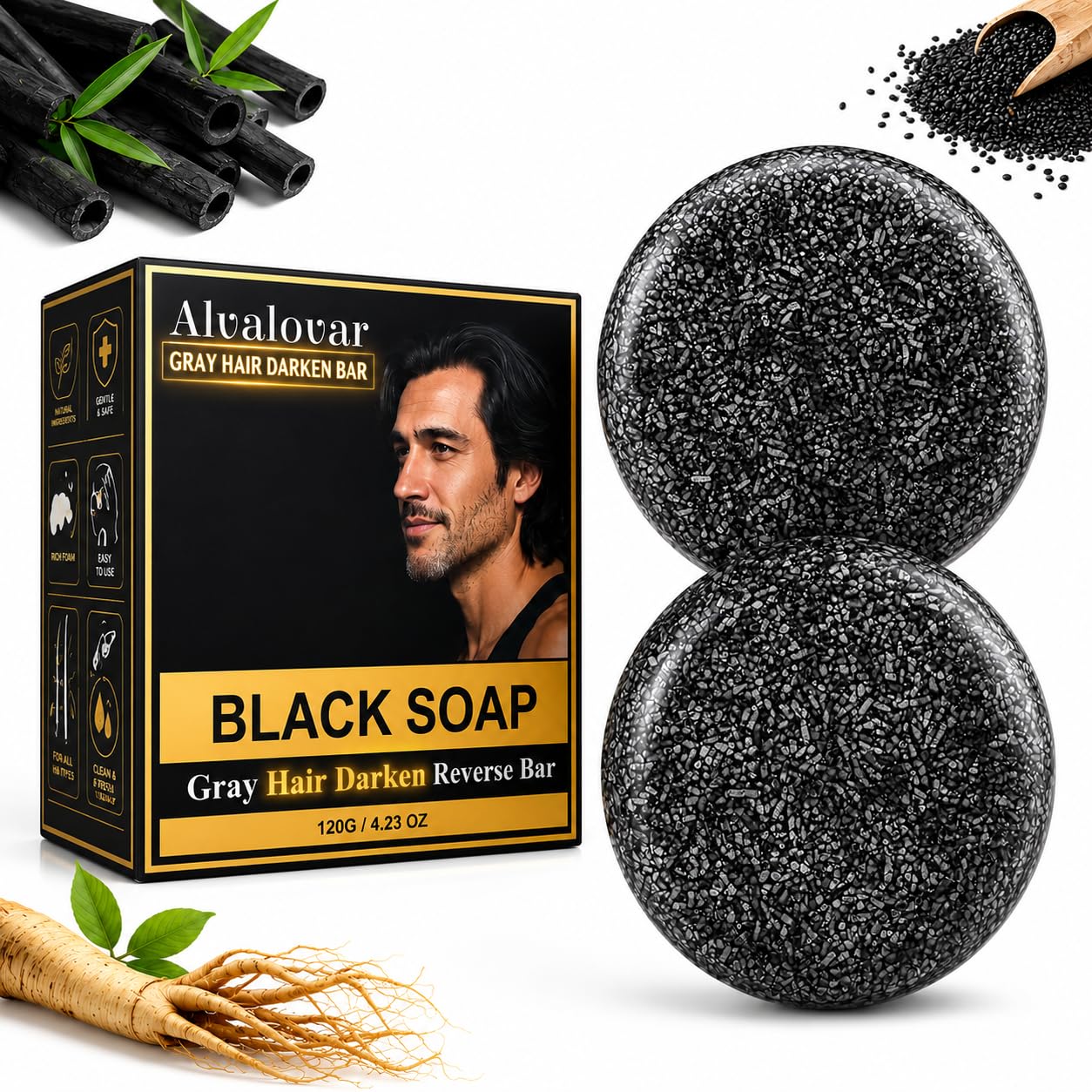Gray Hair Reverse Bar, Black Hair Soap Bar, Hair Darkening Shampoo Bar for Man, Cleansing & Moisturizing Solid Shampoo for All Hair Types, 2 Pcs, 120g, Ocean Mist 2.1 Ounce (Pack of 2)