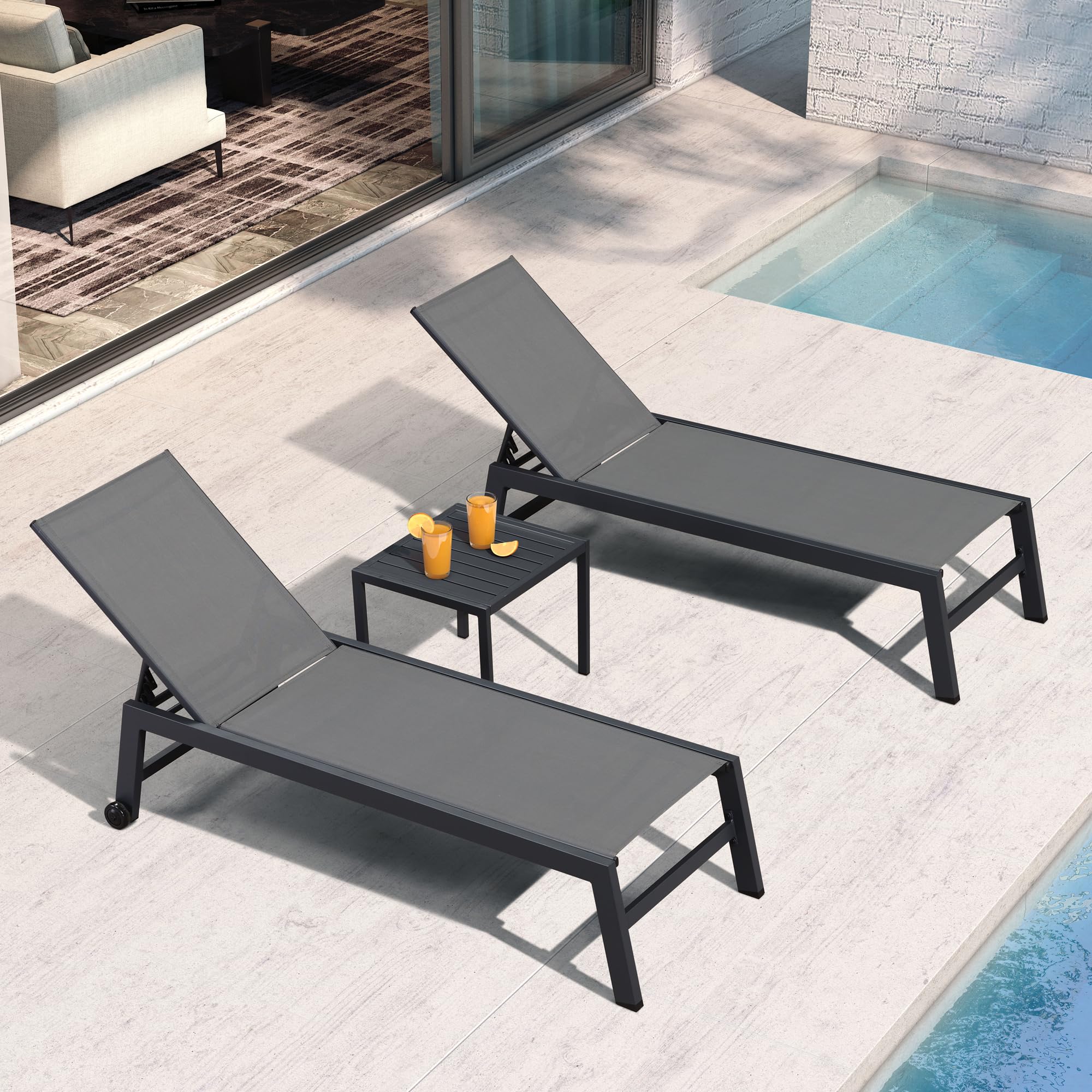 PURPLE LEAF 2er-Set Sonnenliege mit Rollen und Beistelltisch, Aluminium Gartenliege mit 5-Fach Verstellbar, Textilene-Stoff