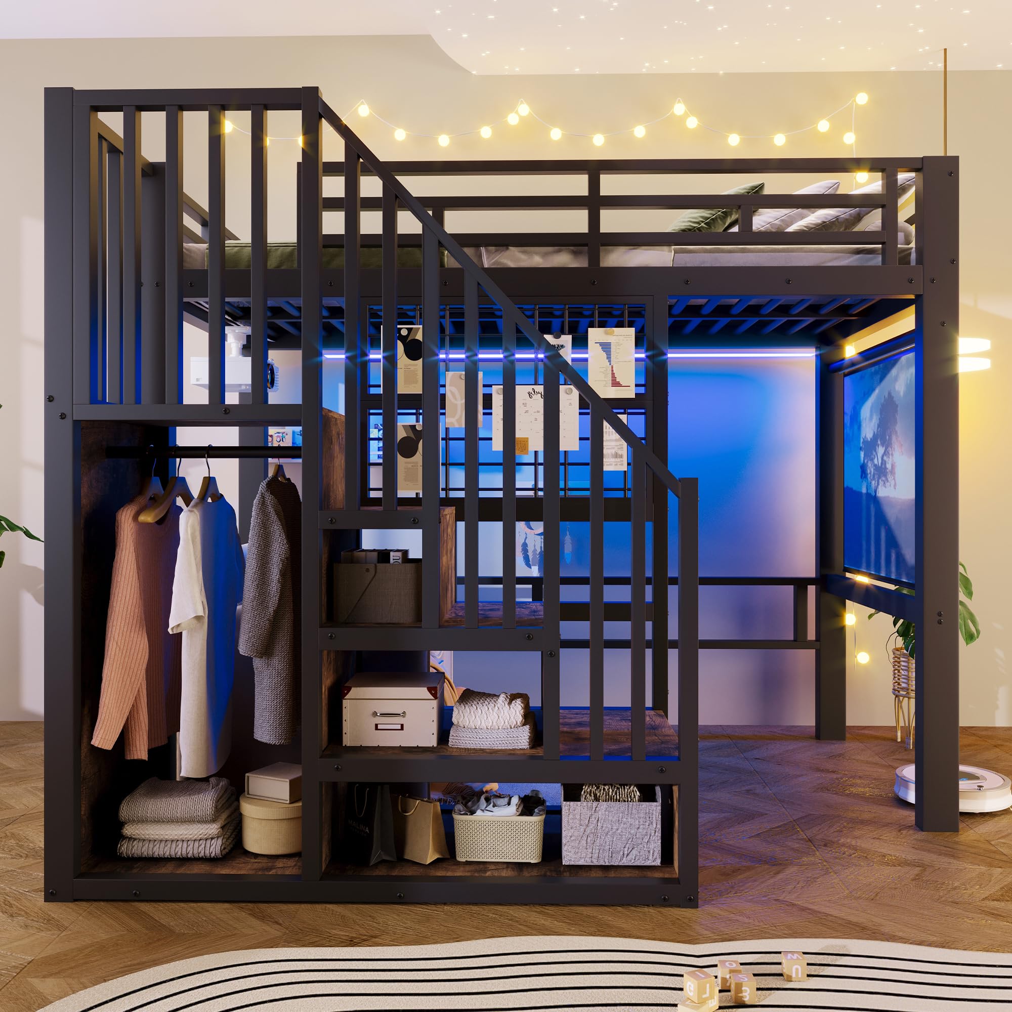Cama alta de 90 x 200 cm con escalera de almacenamiento, cama de hierro con barandilla, cama alta para niños con luz LED, con proyector, sin colchón, color negro