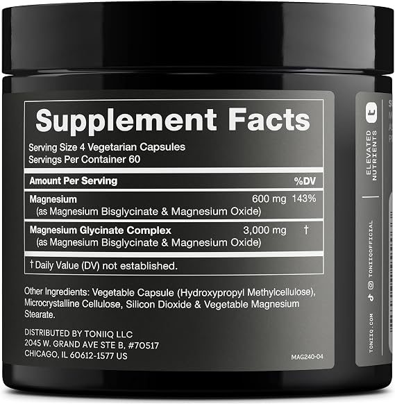 Toniiq 3,000mg Ultra High Strength Magnesium Glycinate | 20% Purified to Contain 600mg of Elemental Magnesium - Chelated and Bioavailable Magnesium Supplement - 240 Veggie Capsules