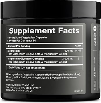 Toniiq 3,000mg Ultra High Strength Magnesium Glycinate | 20% Purified to Contain 600mg of Elemental Magnesium - Chelated and Bioavailable Magnesium Supplement - 240 Veggie Capsules