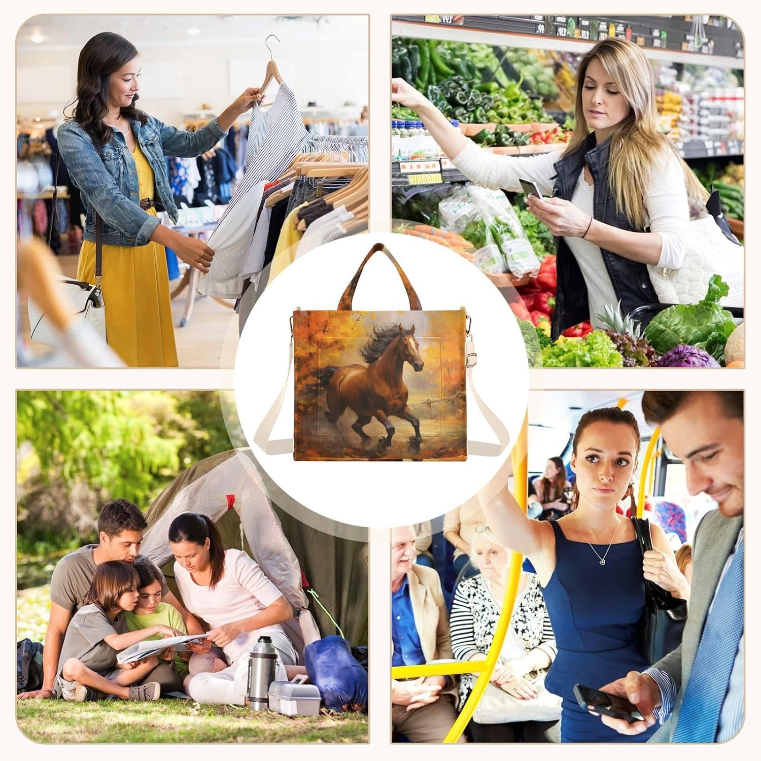 Autumn Horse Tote Bag for Women Corduroy Handbag Purse Shoulder Bag with Detachable Strap Small Size