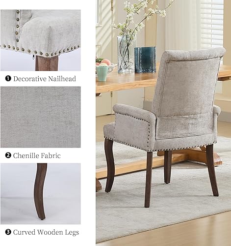 Miniatura 6 de Juego de 6 sillas de comedor tapizadas, sillas decorativas con respaldo copetudo, sillas de comedor modernas de tela de felpilla con brazos y patas