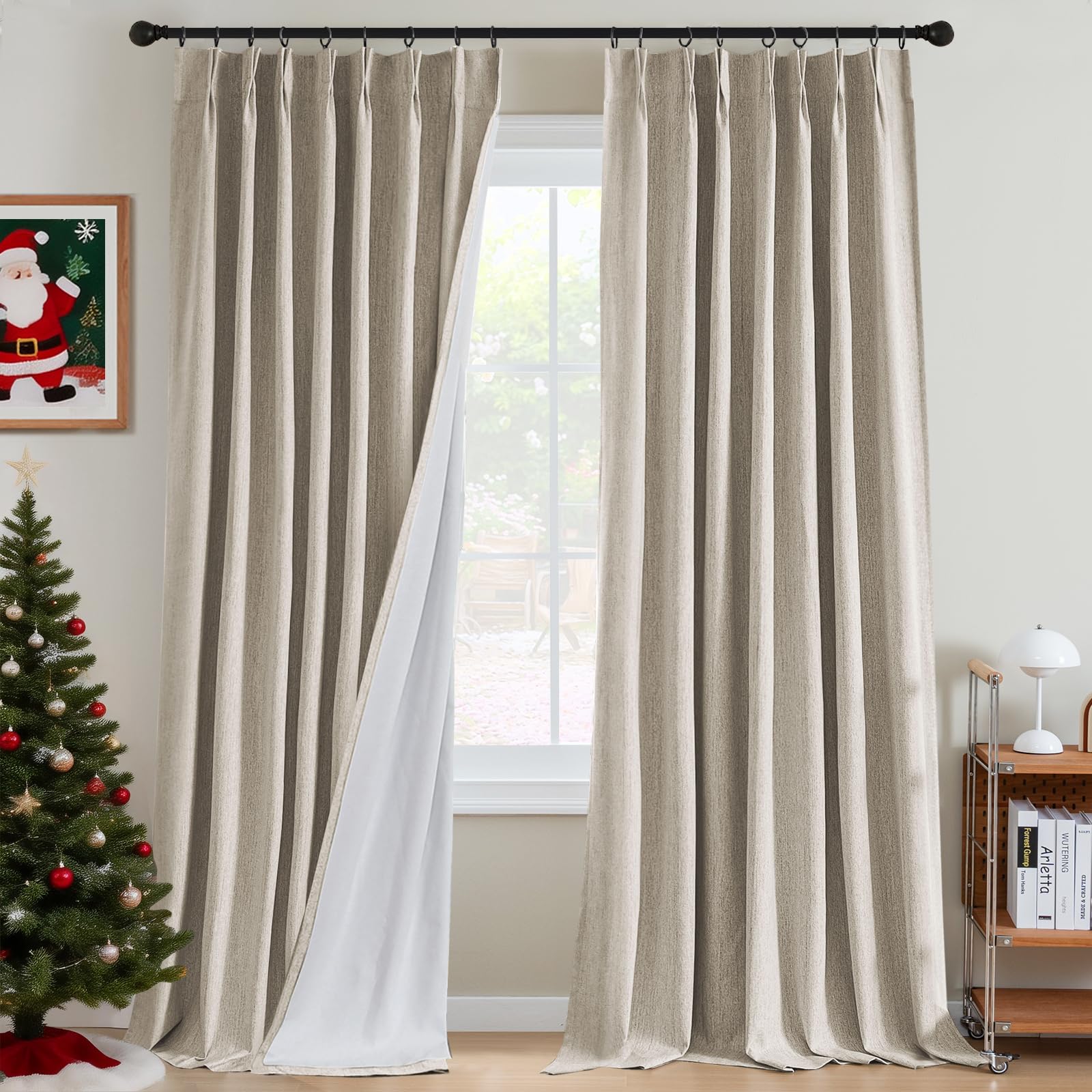 Photo 1 of H.VERSAILTEX Pinch Pleated Full Blackout Curtains Linen Blended Chenille Blackout Curtains 108 inch Long 2 Panels Bedroom Thermal Insulated Farmhouse Neutral Track Drapes with Hooks, Heather Natural