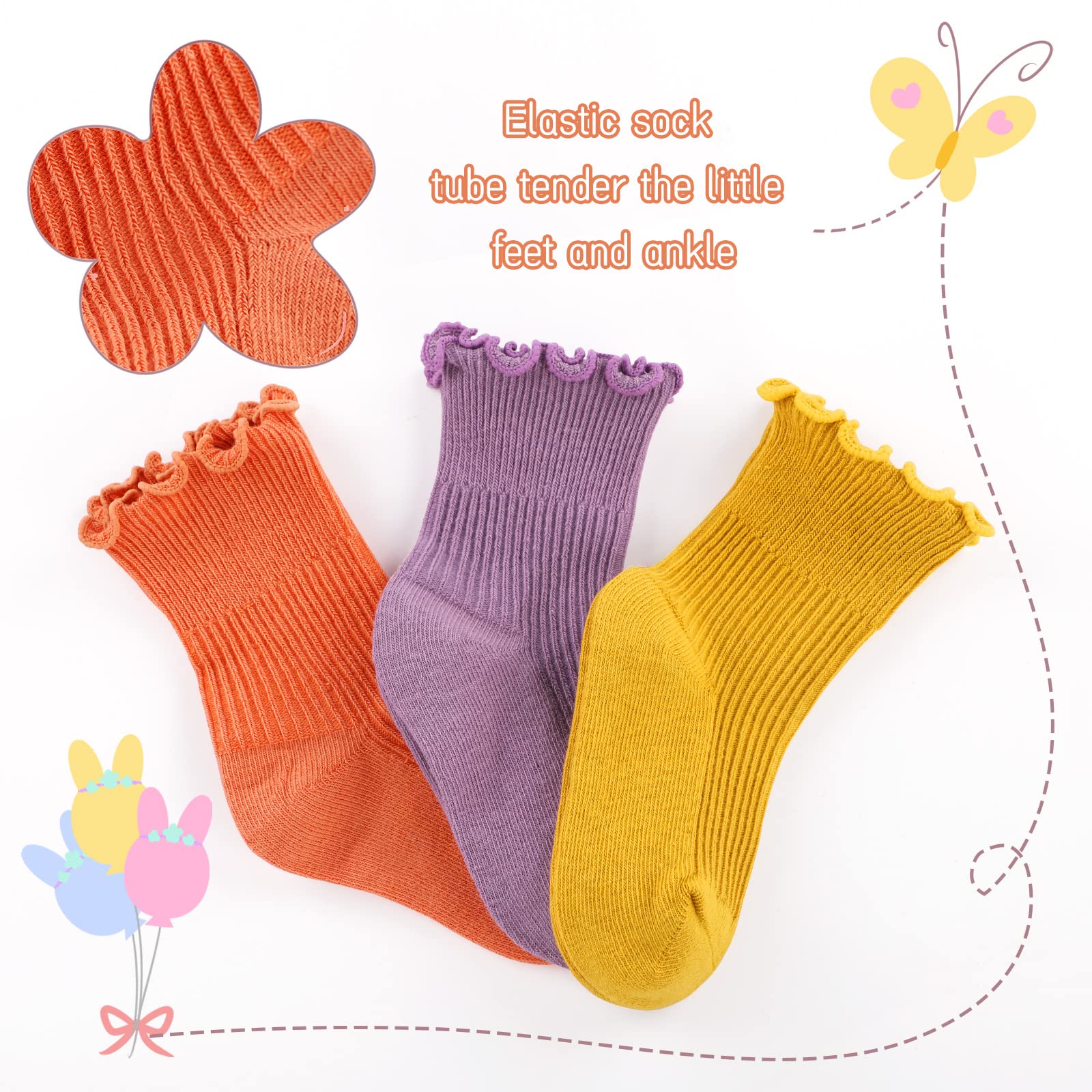 Witwot 6 Paar Baby-Socken für Mädchen, Rüschen, Crew-Socken für Kleinkinder, Mädchen, weiche Baumwolle, Größe 6 - 7 Jahre