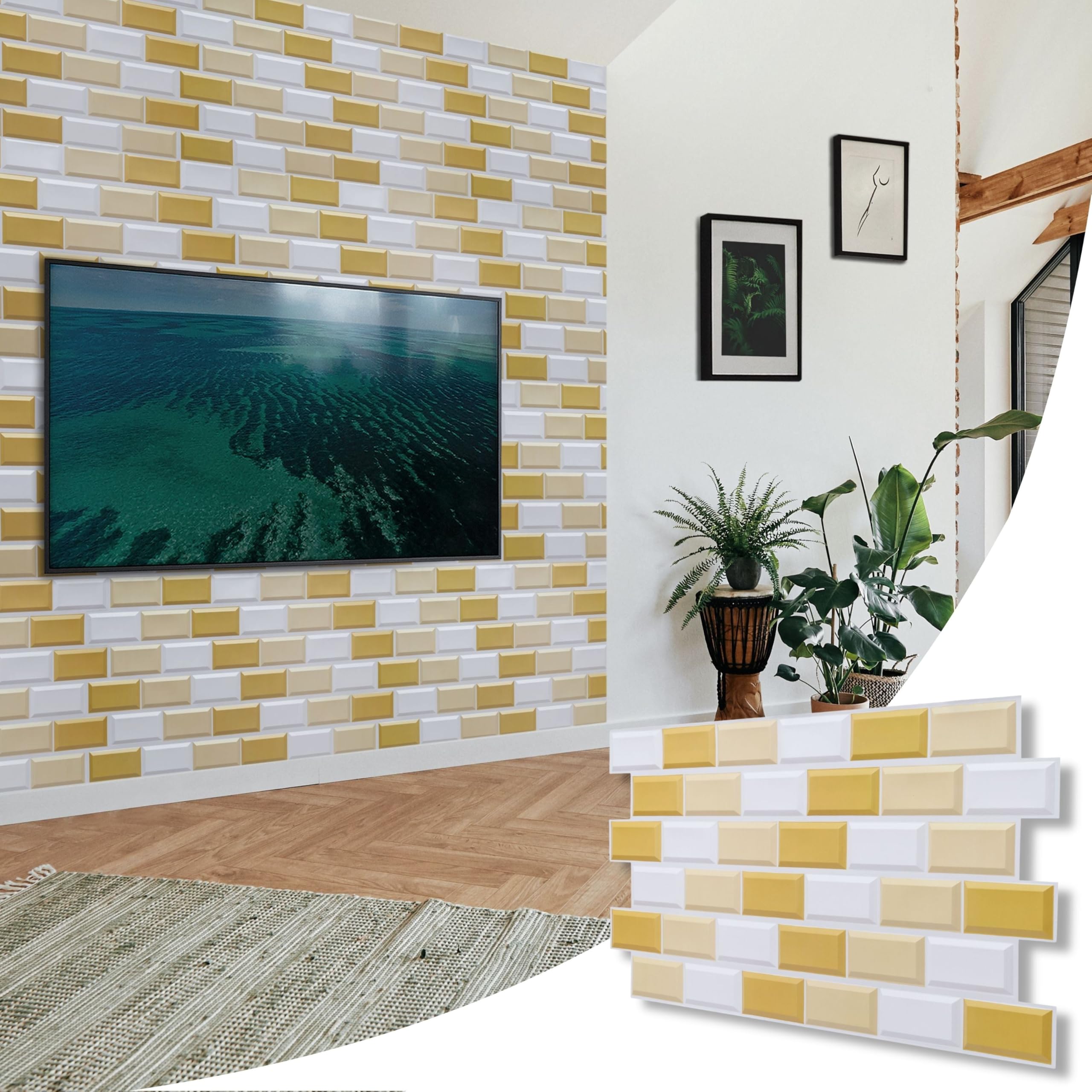 Novecrafto White & Gold 3D Wall Panels - Sheets Covering 69.44 Sqft (6.45 Sqm) Decorative Pvc Plastic Cladding - 37.79 X 18.89 In (96 X 48 Cm) – Subway Tile Pattern In White, Gold, And Beige Size 14