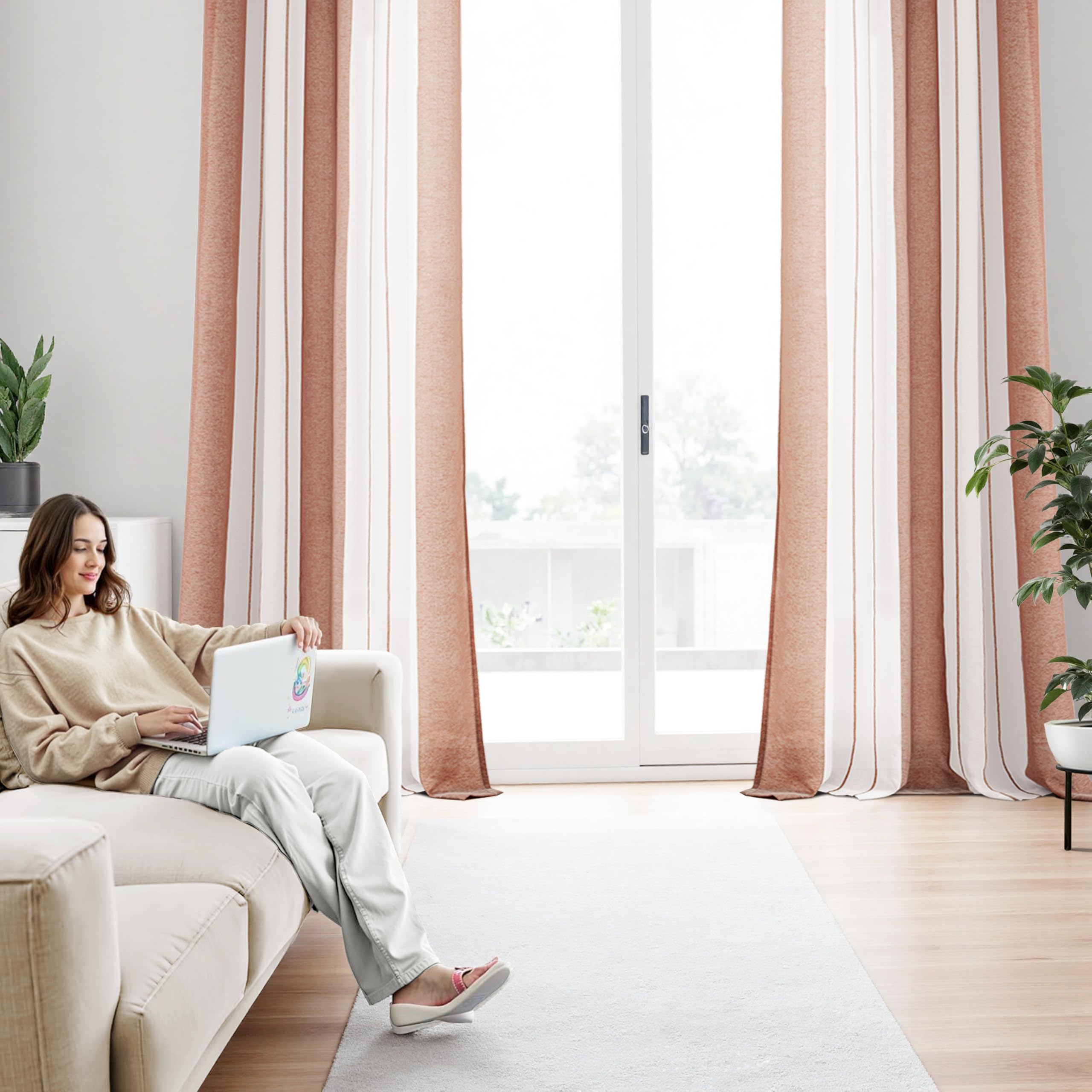 EMEMA Zasłony na przelotkach, kawowo-białe paski, woal, półprzezroczyste, do salonu, 140 x 225 cm, dekoracyjne, zestaw 2 sztuk, z oczkami, nowoczesne zasłony do sypialni