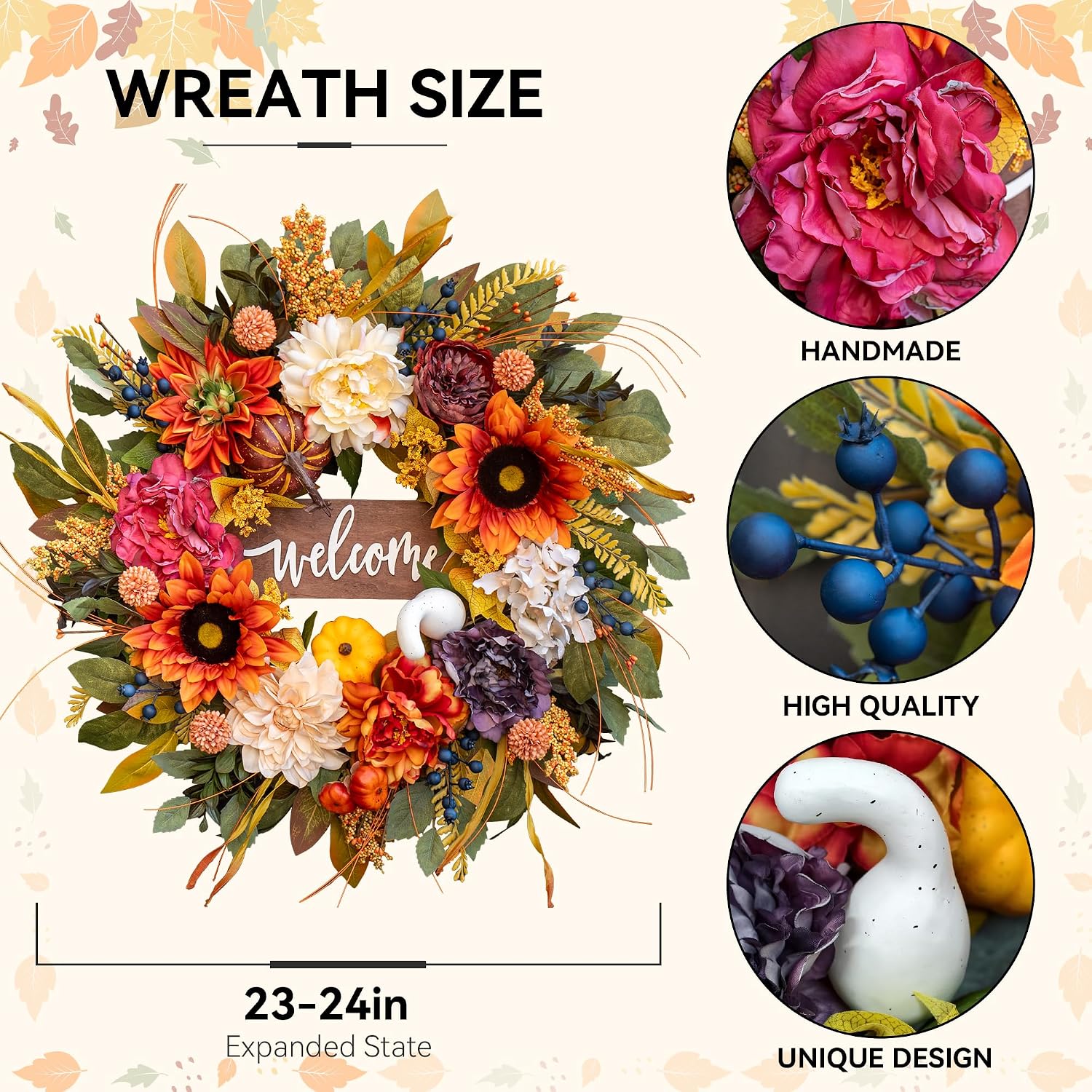 24 Inch Artificial Fall Wreaths for Front Door Outside with Welcome Sign | Autumn Harvest Wreath with Sunflower,Peony,Pumpkins,Grains&Berries- Rustic Farmhouse Thanksgiving Halloween Porch Wall Decor
