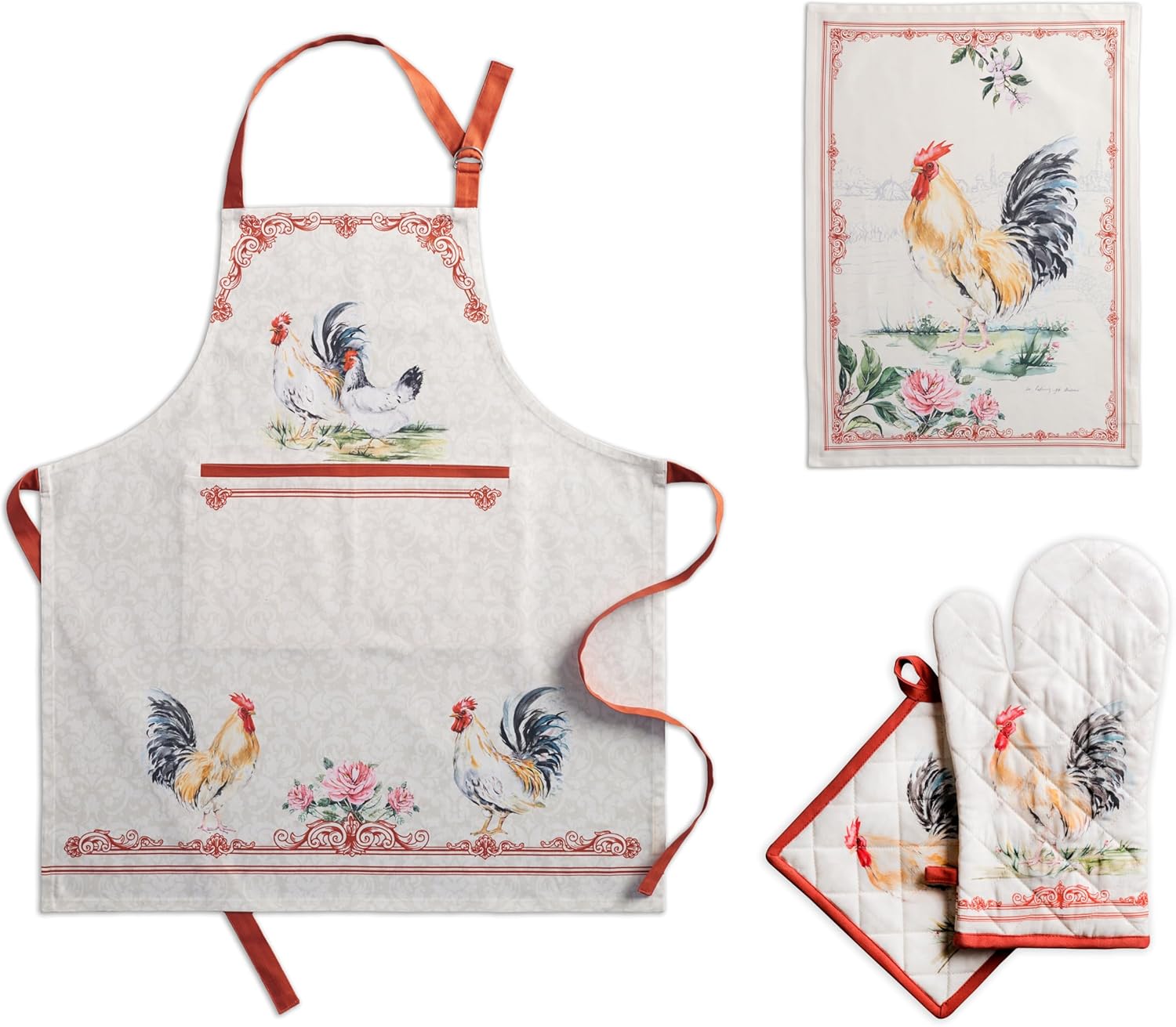 Maison d' Hermine Campagne Bundle Set 100% Cotton Apron (27.50 Inch by 31.50 Inch) Set of 2 Kitchen Towels (20 Inch by 27.5 Inch) and Oven Mitt (7.5 Inch by 13 Inch)/Pot Holder (8 Inch by 8 Inch)