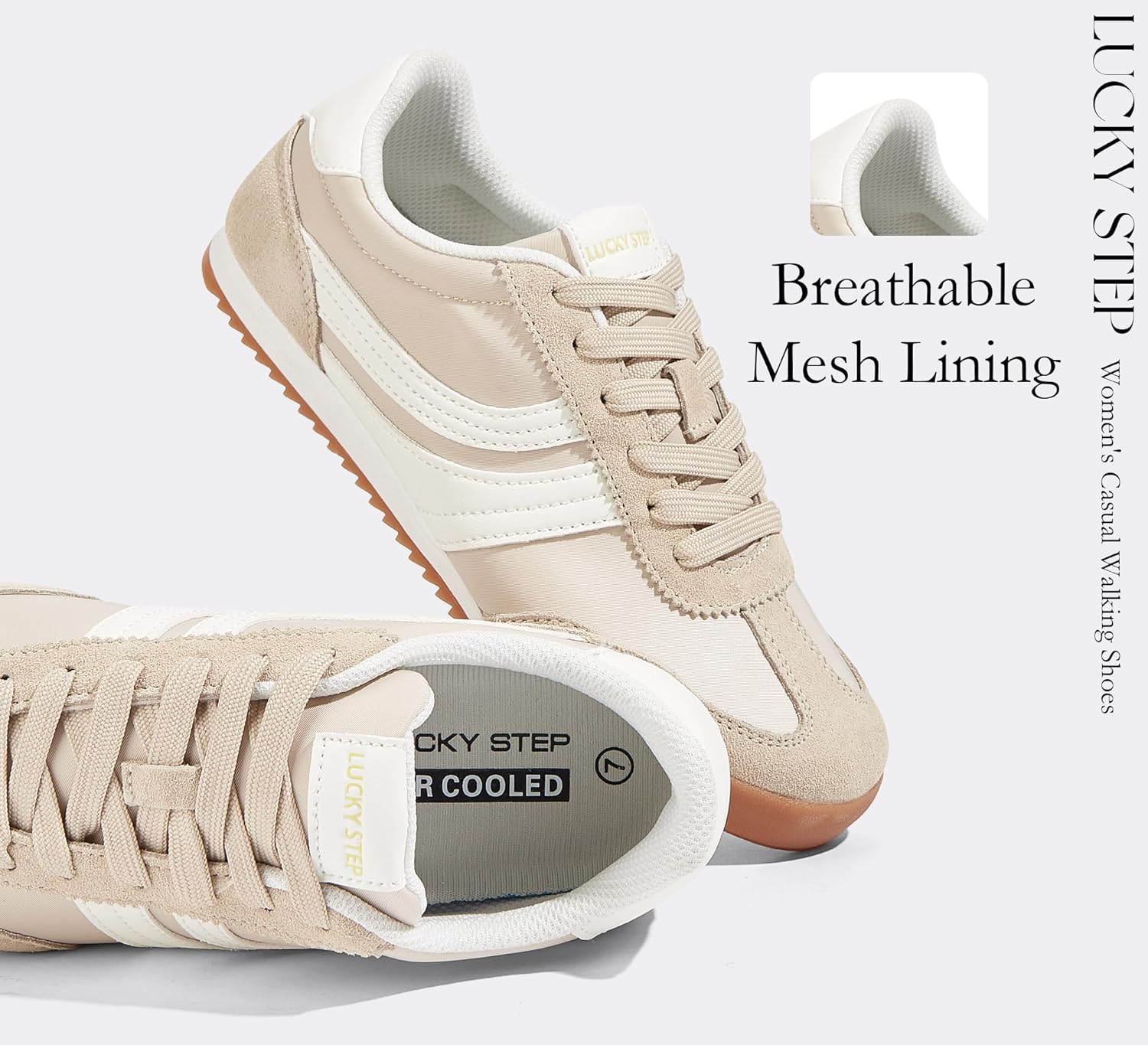 LUCKY STEP Women's Fashion Sneakers Thin Sole Lace up Tennis Shoes Lightweight Walking Running Gym Workout Classic Retro Footwear Anti Slip Trainers