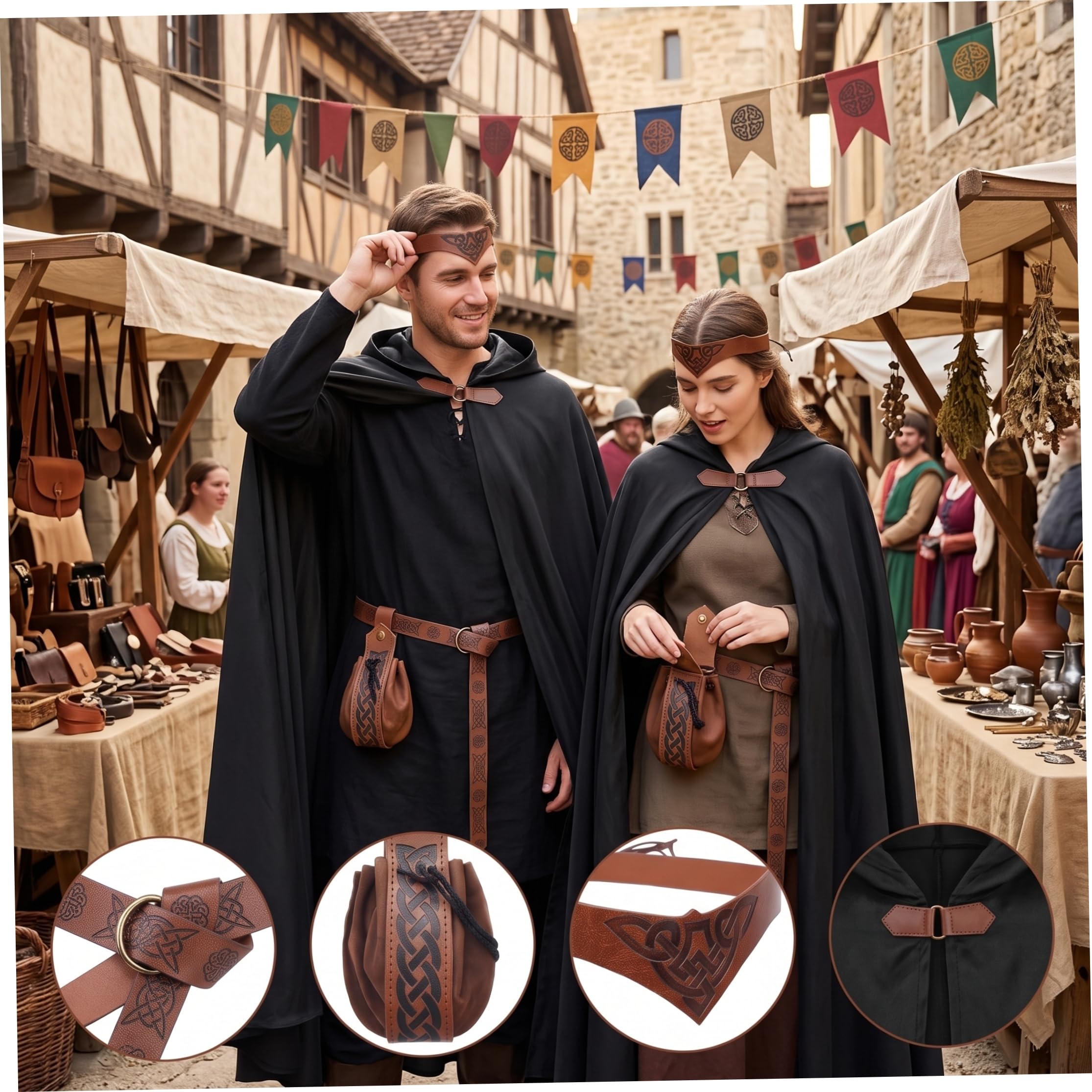 Conjunto Retro de 4 Piezas de Capa Medieval con Capucha, Negro