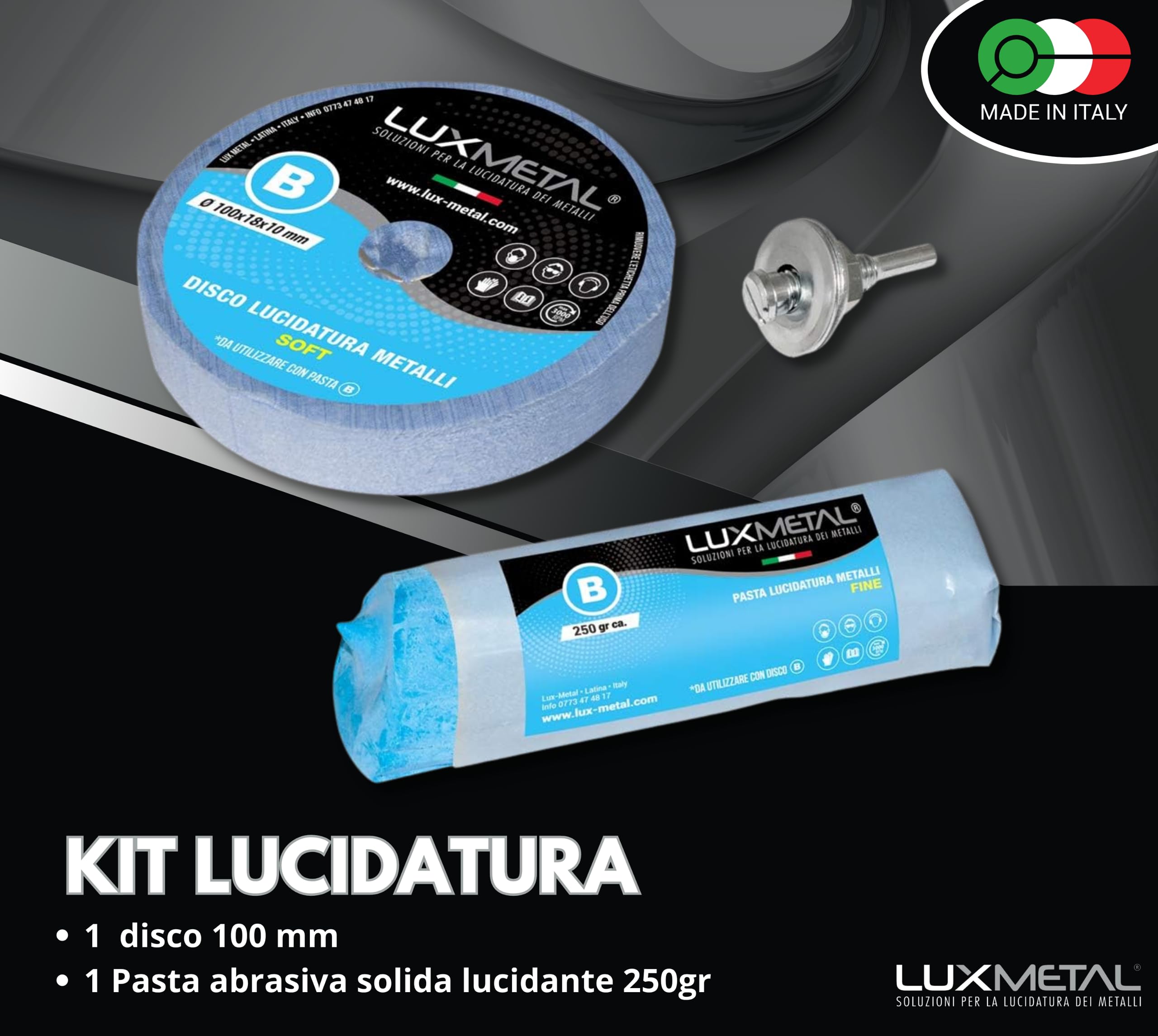 Lux Metal Kit 1 Disco Lucidatura in cotone 100 mm e 1 Pasta Abrasiva Lucidante 250 gr Per Trapano Lucidare A Specchio Alluminio Metalli Acciaio Inox Set Lucida Cromature Ottone Marmo Plastica Mola
