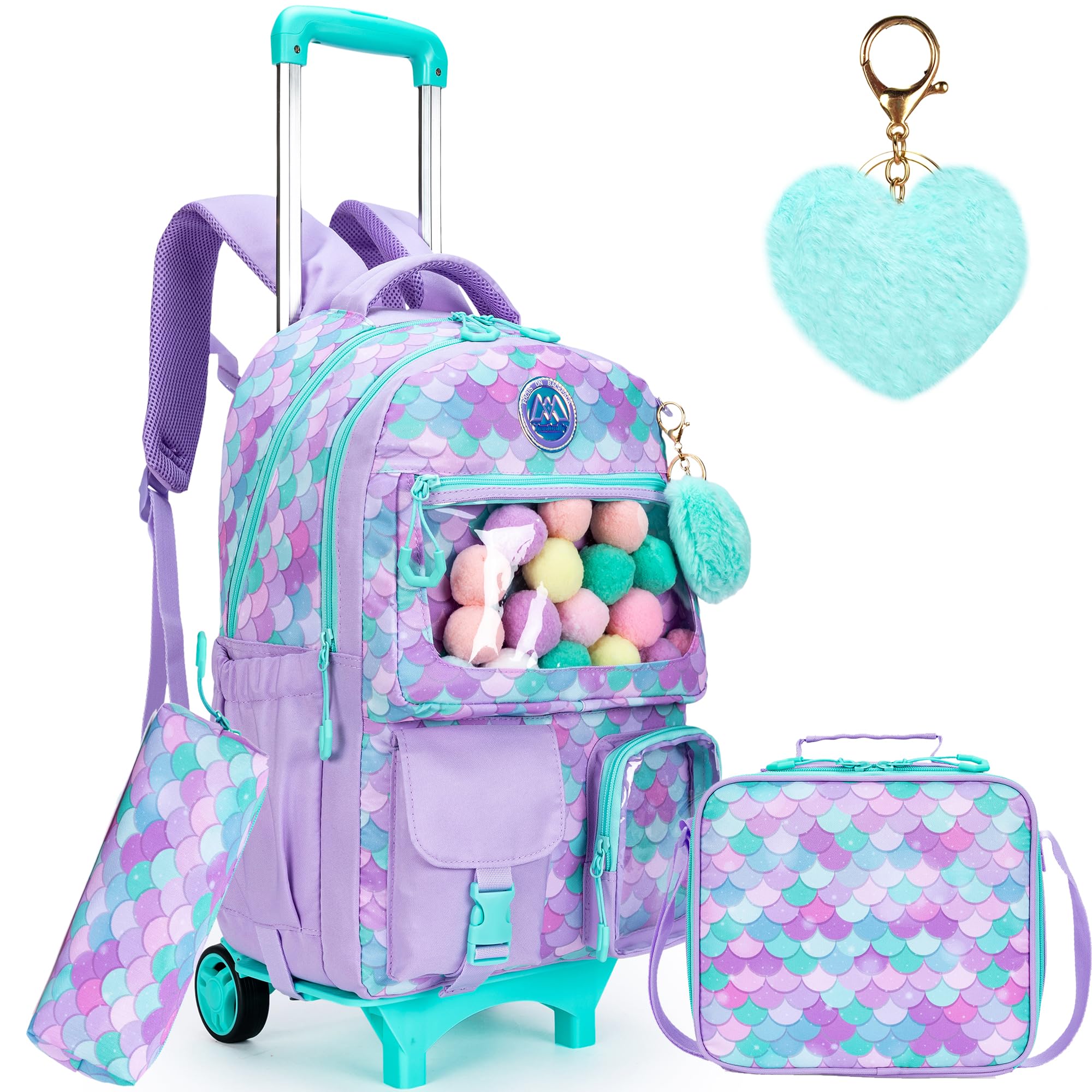 ZBAOGTW Cute Mermaid Rolling Backpacks with Wheels for Girls Aesthetic Rolling Backpack for Elementary with Lunch Box School Trolley Backpack for